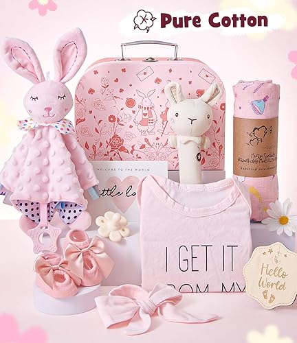 Miniatura 7 de Golray Regalos de baby shower para niñas, cestas de regalo para bebé niña con sonajero, conjunto de mantaenterizo, cosas esenciales para recién