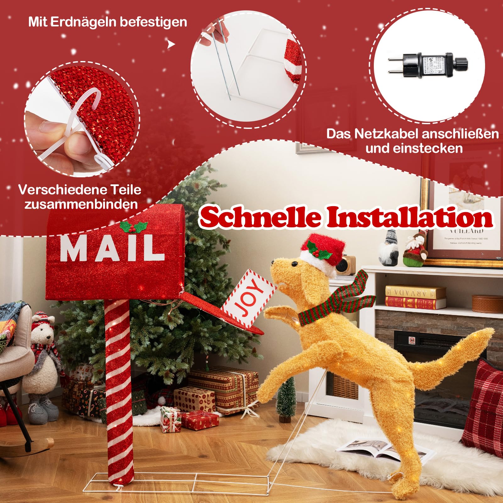 COSTWAY beleuchteter Weihnachtsdackel mit Briefkasten, 108 cm Weihnachtsdeko mit 20 warmweißen LED-Leuchten, Weihnachtsfigur wetterfest, Weihachtsdeko, Weihnachtsbeleuchtung XXL für Innen & Außen