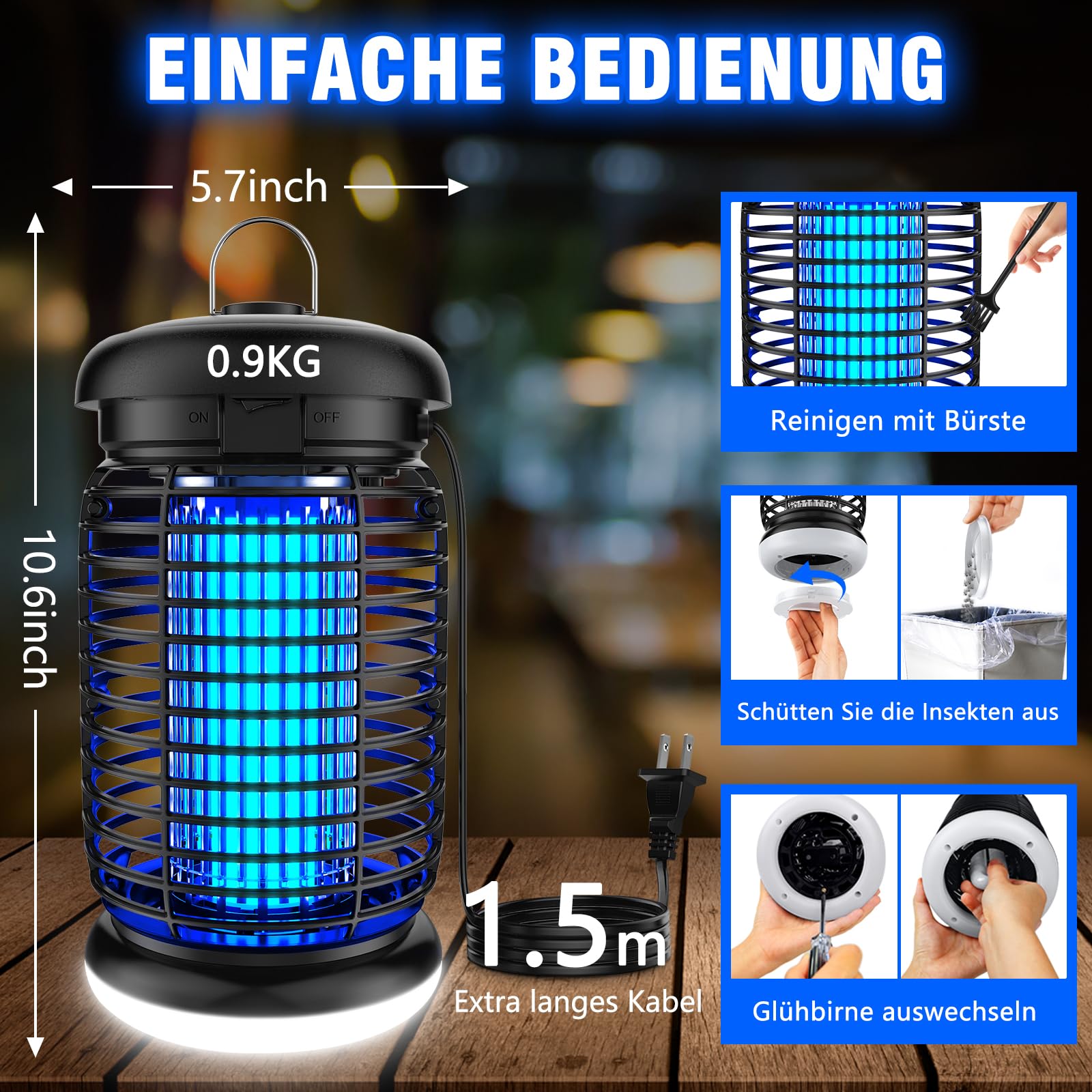 seenlast Insektenvernichter Elektrisch, Mückenlampe 15W 4200V Mückenfalle Mückenschutz Mit LED-Licht, Fliegenfalle Elektrisch Mückenabwehr, für Mücken,Motten,Fliege,Spinnen, Wasserdicht IPX4