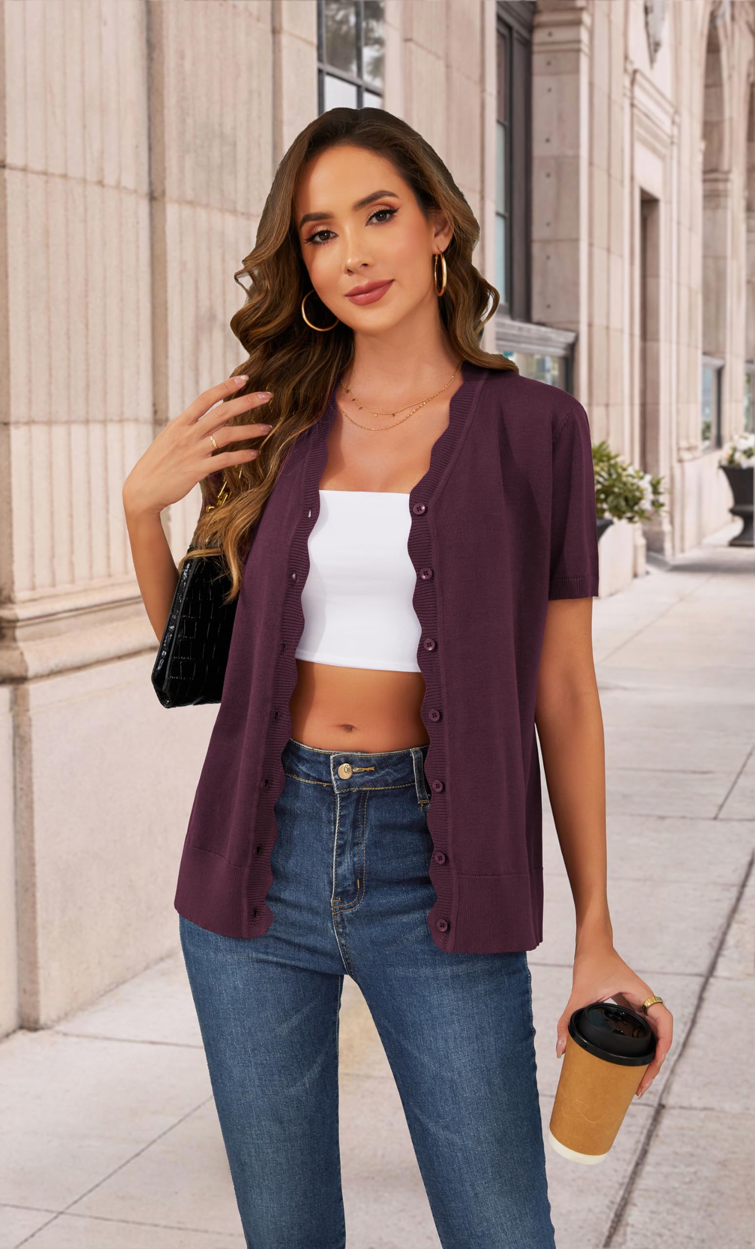 Yommay Chaqueta de punto para mujer, elegante, única, ola, verano, manga corta, ligera, suave, cuello en V, suéter para mujer