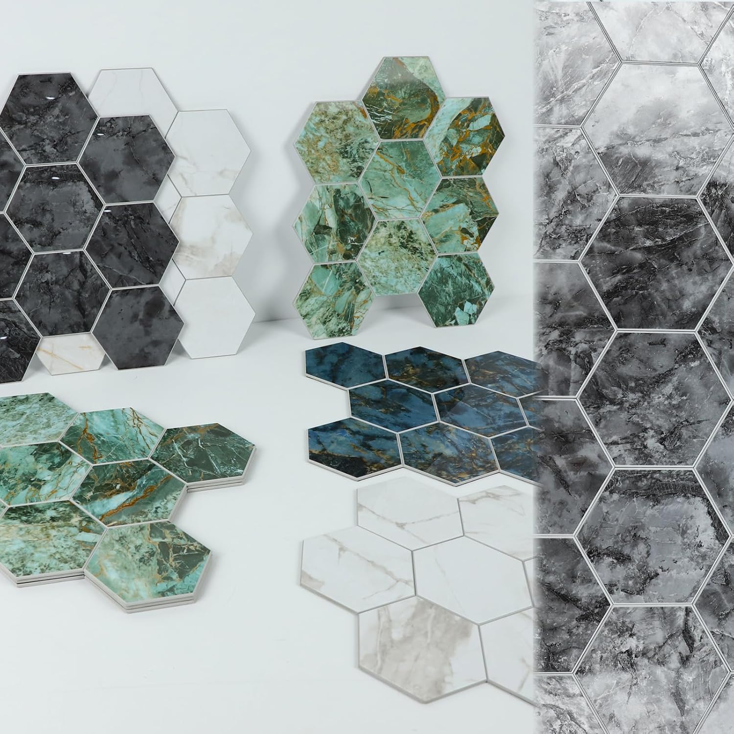 Peel and Stick Marble Hexagon Tile – 6 Sheets Self Adhesive Glossy Gray Marbled Wall Tiles for Kitchen Backsplash & Bathroom, Stick On Decorative Wall Tiles