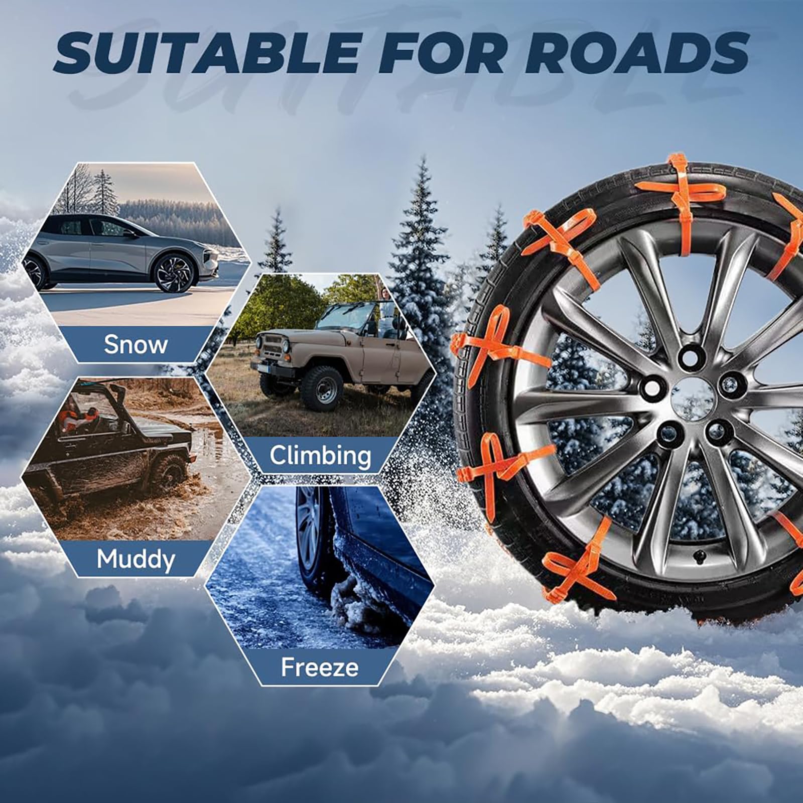 Cadenas de nieve universales ajustables para automóviles y SUV, bridas antideslizantes de emergencia para neumáticos para hielo y barro, juego de 10 piezas