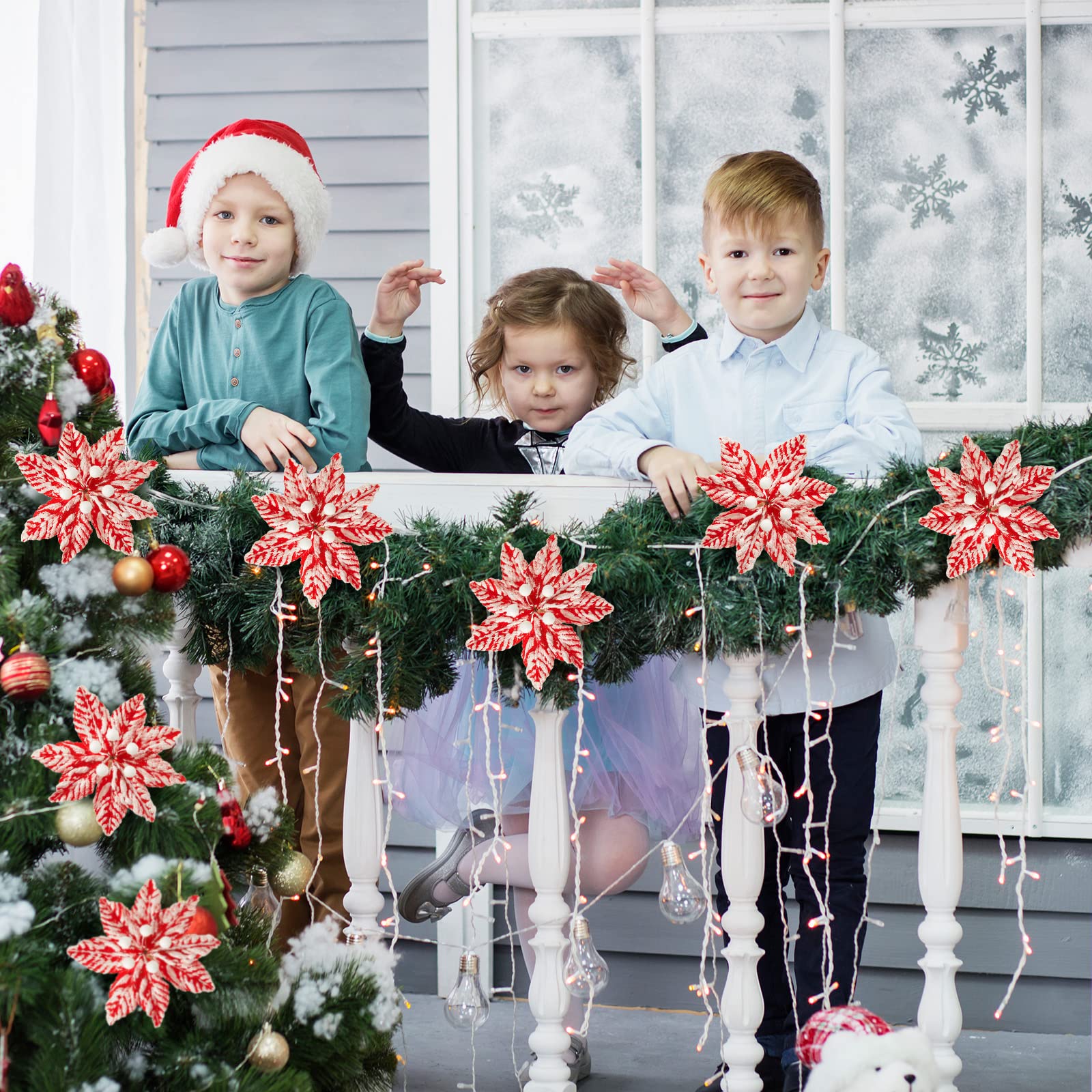 Künstliche Weihnachtsstern, Weihnachtsstern, Dekoration, Weihnachtsblumen, Schnee-Spray, Weihnachtsbaum-Plektren, dekorativer Weihnachtsblumenstiel für Weihnachtskranz-Dekorationen (24 Stück, 14 cm)
