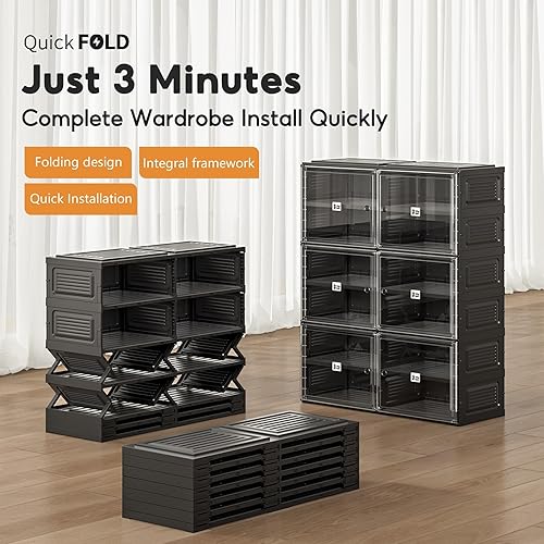 Miniatura 4 de Organizador de zapatos negro para entrada de armario, cajas de almacenamiento transparentes apilables para zapatos con puerta, fácil montaje,