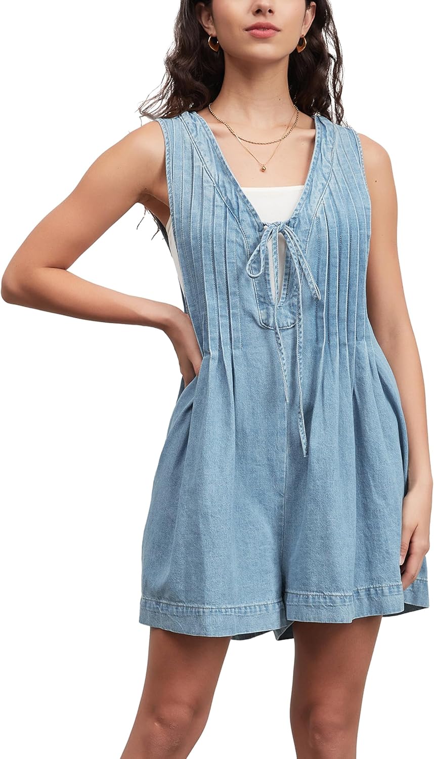 D-Sun Women Summer Sleeveless Denim Romper Casual V Neck Tie Front Ruffled Denim Short Overall Jumpsuit with Pocket