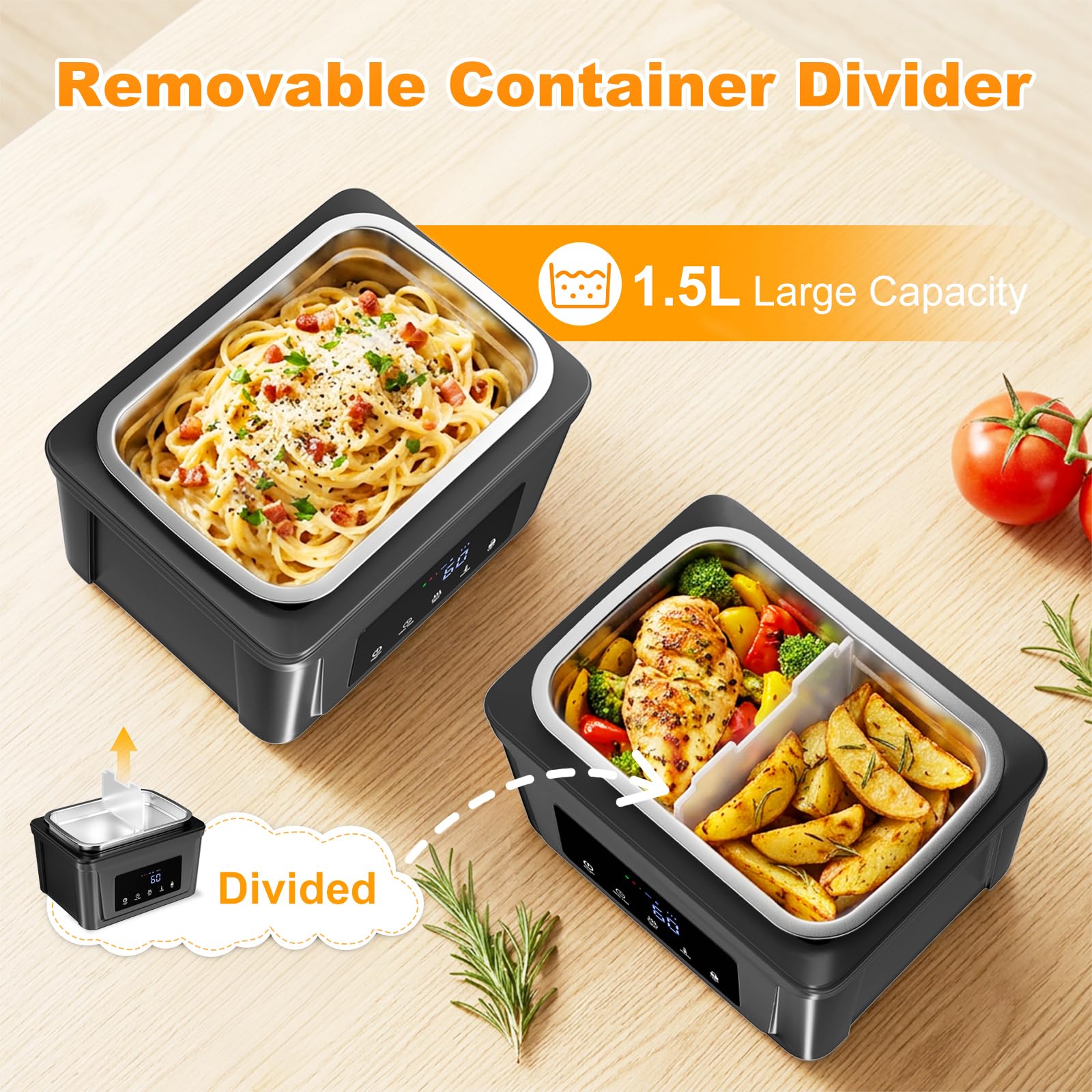 Fiambrera eléctrica de 1,5 L, inalámbrica, calefactable, de acero inoxidable, calentador de alimentos, con bolsa de transporte aislada, cuchara y tenedor para el trabajo, viajes, oficina