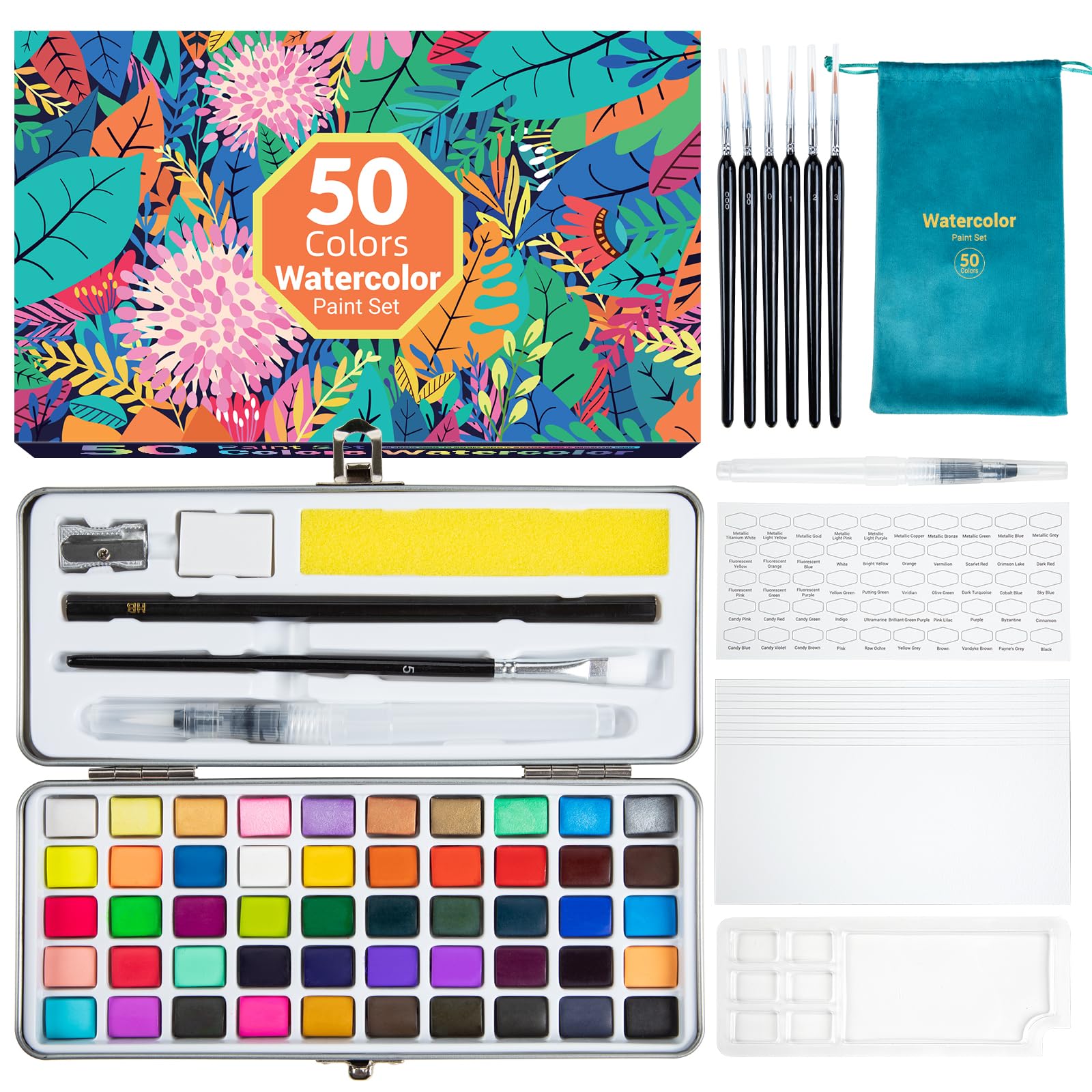 Watercolour Paint Set, 50 Vivid Colors in Portable Box, Art supplies for adults, Travel Watercolor Set with Watercolor Papers, Brushes and other Tools, Idea for Artists and Hobbyists