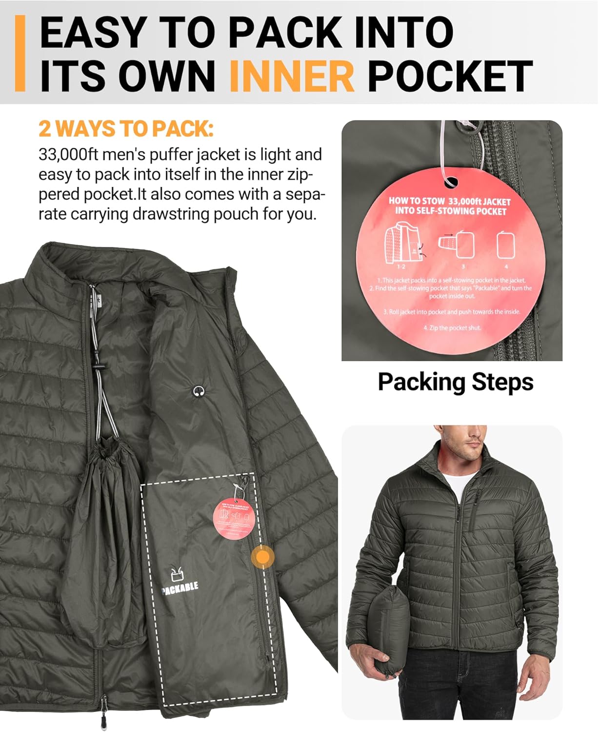 33,000ft Men's Puffer Jacket Lightweight Packable Winter Jacket - Image 3