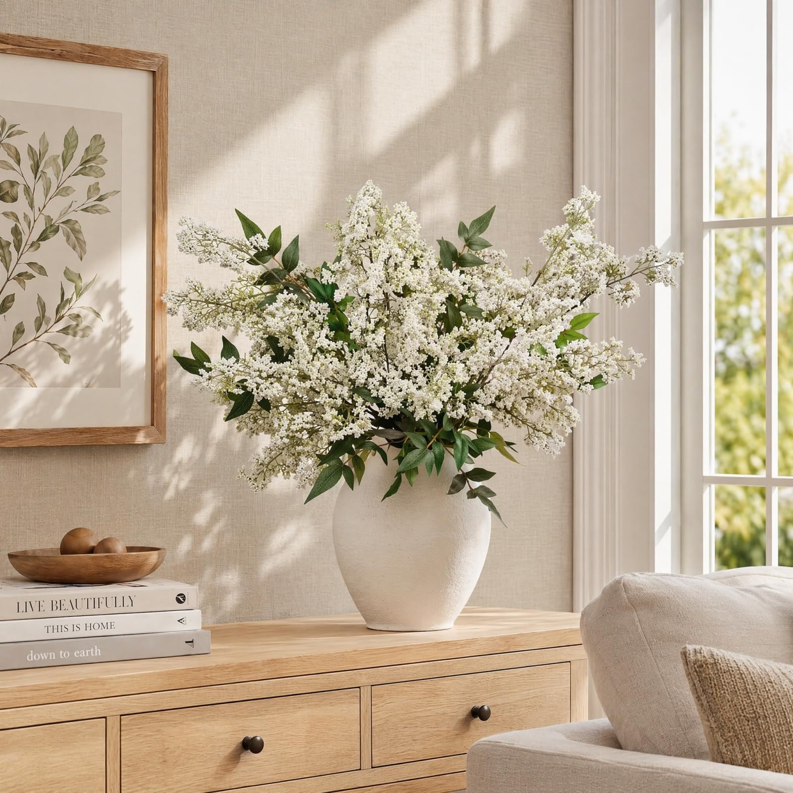 Künstliche Beerenstiele, weiße Blumen, Zweige für hohe Vasen, künstliche Grünpflanzen, 109 cm, realistisch, lange Blumen für den Sommer, Tisch, Innenbereich, Heimdekoration, Dekoration, 3 Stück
