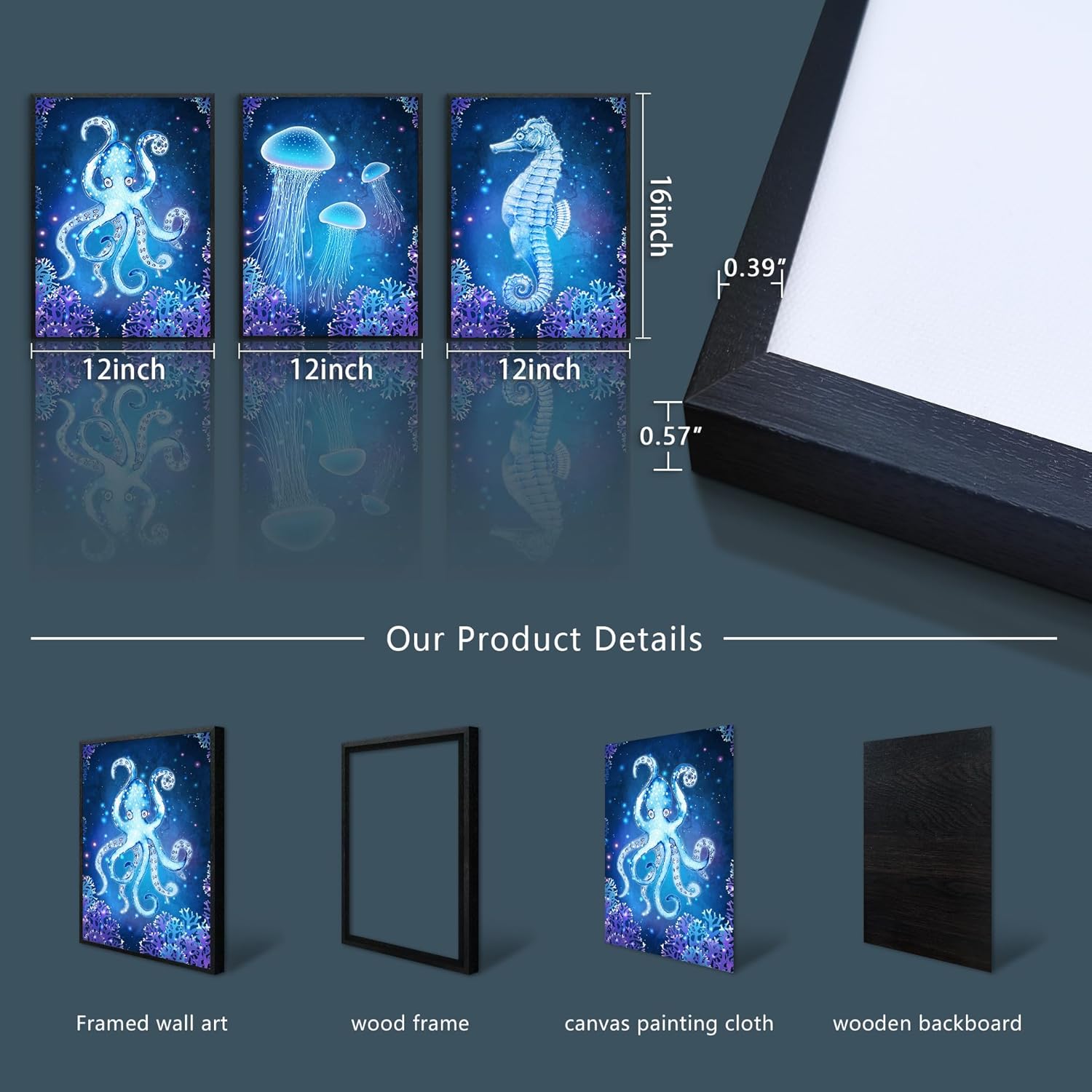 Black Framed Wall Art Paintings For Living Room Bedroom Decor Blue Ocean Life Theme Art Prints Wall Artworks Sea Animal Sea Horse Octopus Jellyfish Pictures Bathroom Home Decor Posters 3 Panels