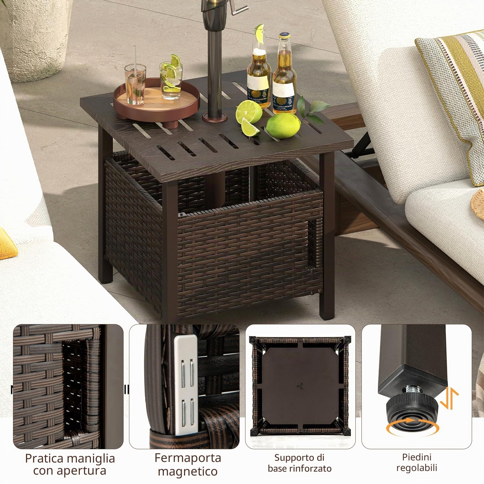 LIFEZEAL Tavolo da giardino in polyrattan con foro per ombrellone, per esterni, resistente alle intemperie, con 2 sacchi di sabbia, tavolo quadrato da balcone per giardino, cortile, terrazza, 55,5 x