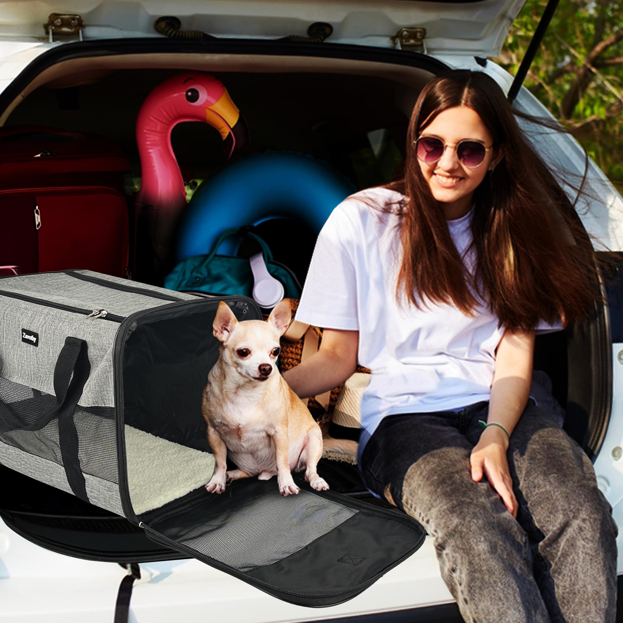 Zavothy Borsa per il Trasporto del Gatto Cane, Borsa per il Trasporto Traspirante e Pieghevole, Custodia per il Trasporto del Gatto con Tracolla Regolabile, Materasso in Peluche Rimovibile, L, Beige