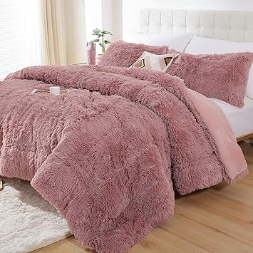 Smoofy Fluffy Queen Comforter Set, Faux Fur Comforter Set Queen Size, Luxury Fuzzy Bedding Set, Soft Shaggy Bed Set for All Season, 3 Pieces - 1 Comforter & 2 Pillowcases, Violet Pink