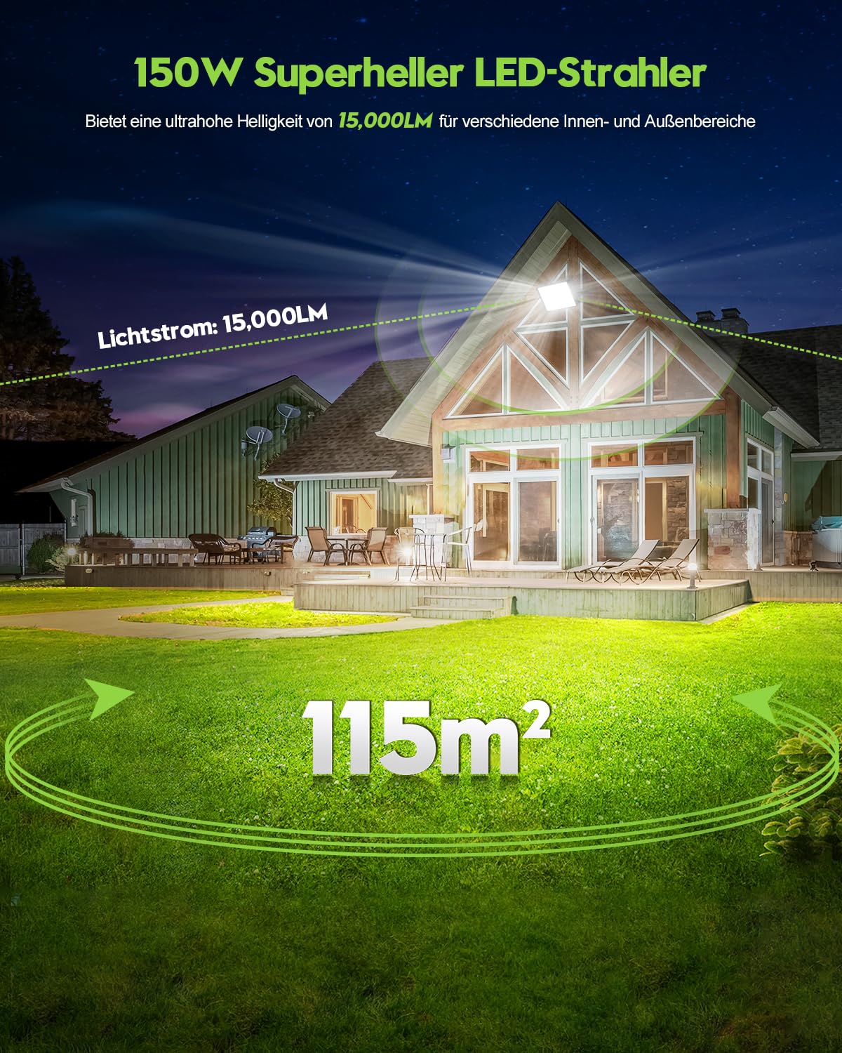 Sararoom Strahler Fluter Flutlicht Scheinwerfer - 4er 150W 208 LED 15000LM Kaltweiß 6500K, IP65 Wasserdichte Flutlichtstrahler Außen-Sicherheitsbeleuchtung für Garten Garage Hof Auffahrt Türen Flur