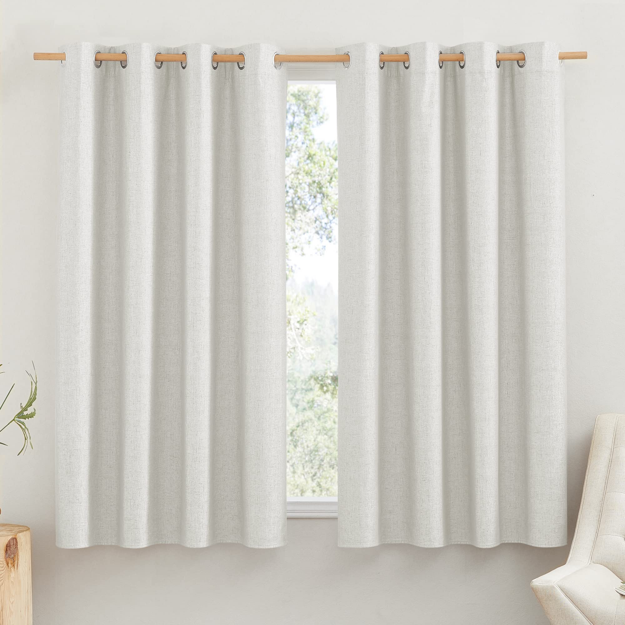 PONY DANCE Thick Linen Curtains for Living Room Broken White, 100% Blackout Curtains, Noise Reduction, Window Protection