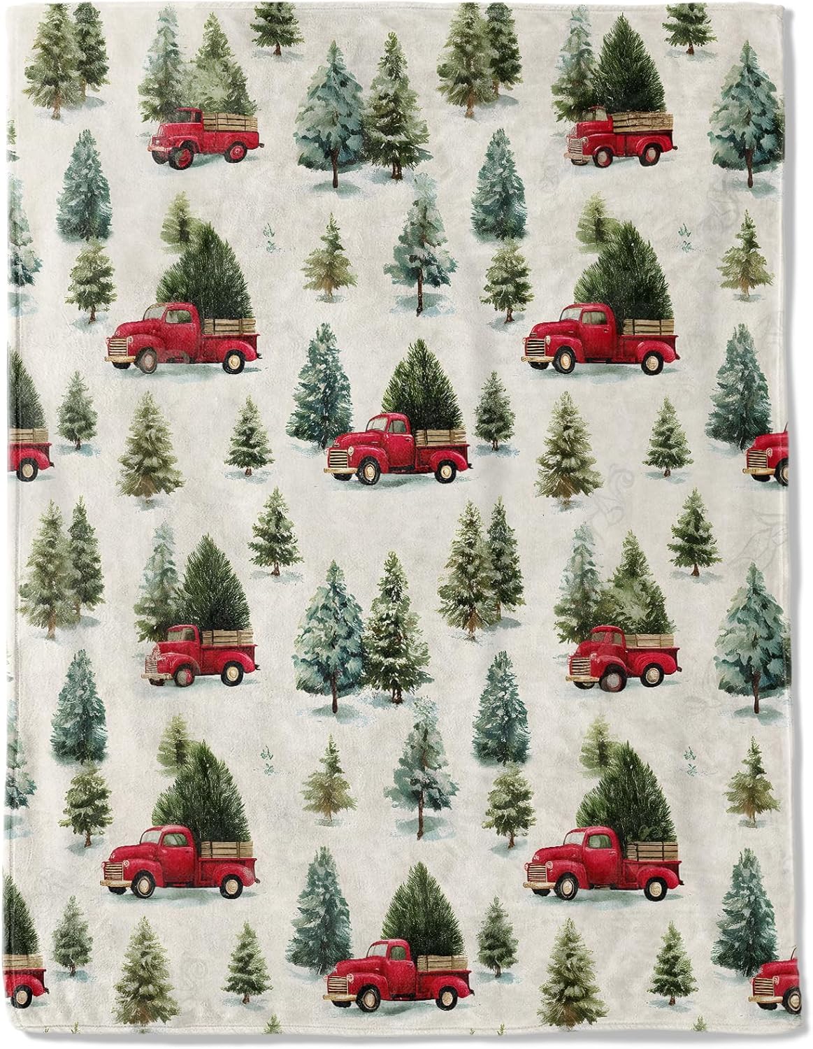 Christmas Decorative Blanket, Vintage Red Truck and Tree Print Throw Decoration, Soft Flannel Winter Blankets for Couch Bed Sofa, Holiday Home Decor, Xmas Festival Gifts White 50x60 Inch