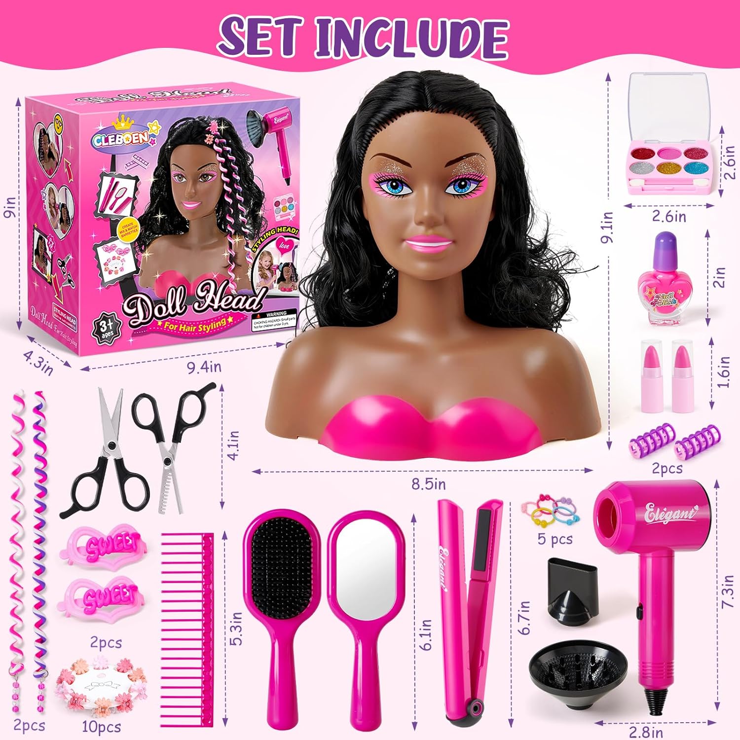 Hair Styling Doll Head Makeup Kit for Girls Toys, 35PCS Kids Hair Salon Pretend Playset with Hairdryer Straightener Headwears & Real Makeup Nail Polish, Birthday Gifts for Girls 3 4 5 6 7 8+ image 2 of 8 B0FCLRT1J8