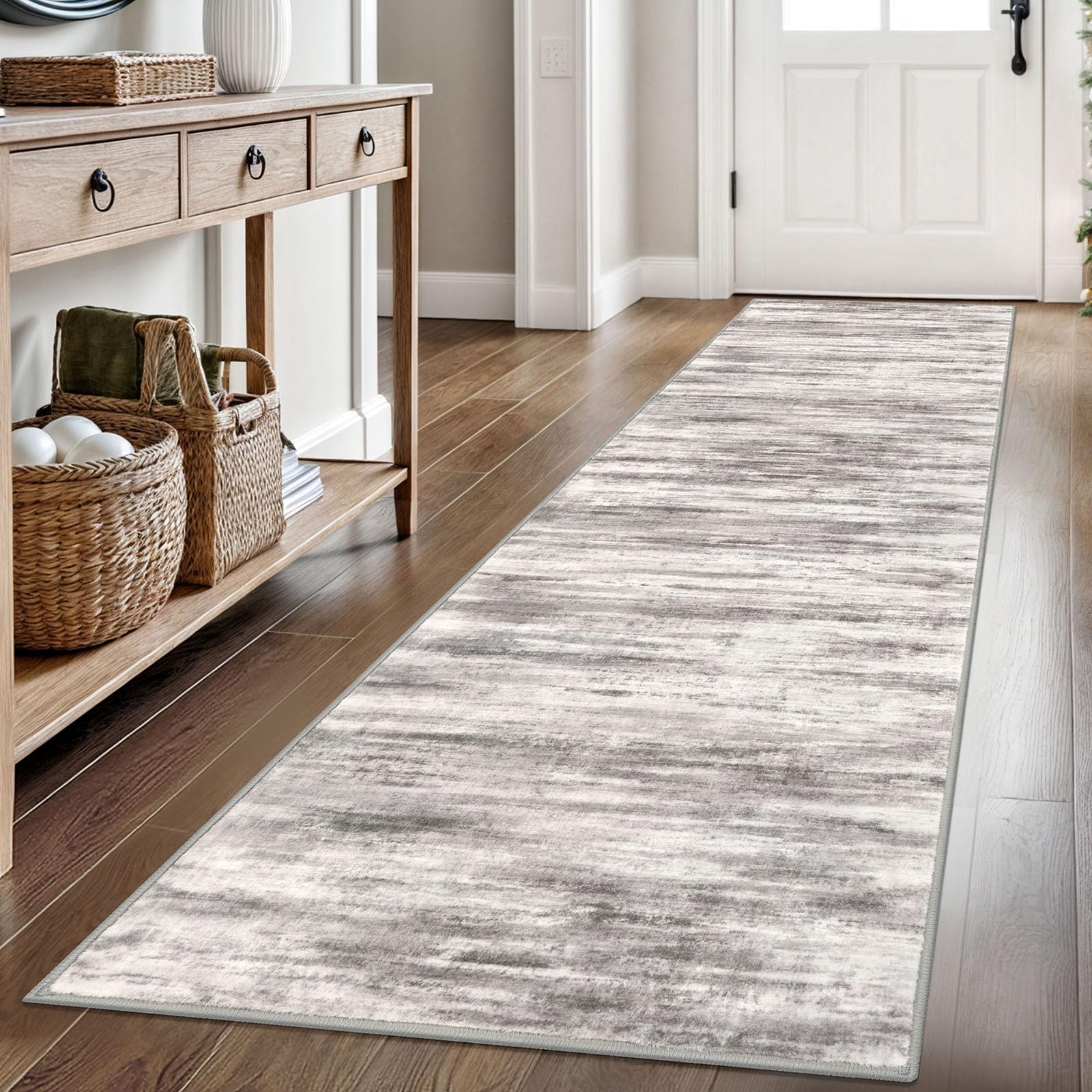 KOZYFLY Modern Abstract Hallway Runner Rug, 2.6x8 Washable Rug Runner Non-Slip Soft Striped Kitchen Runner Rugs, Print Grey Beige Carpet Runner for Entryway Bathroom Laundry Room Foyer — image 1