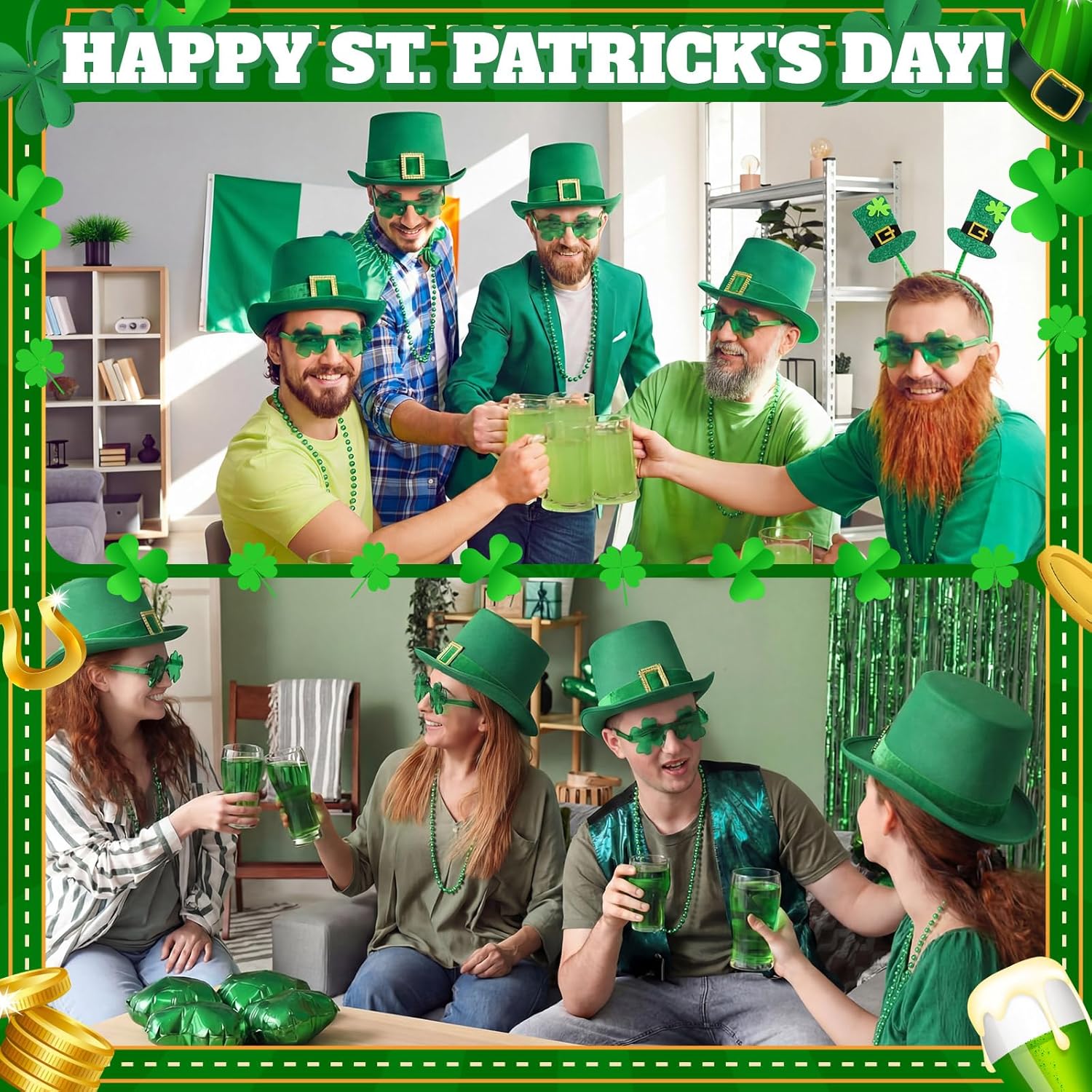 Kenning 48 Pcs St Patricks Day Accessories Party Favors Set, St Patty's Day Decorations, Leprechaun Hat Irish Headband Shamrock Glass Necklace Foil Horn for Saint Patricks Party Supplies Parades Gifts
