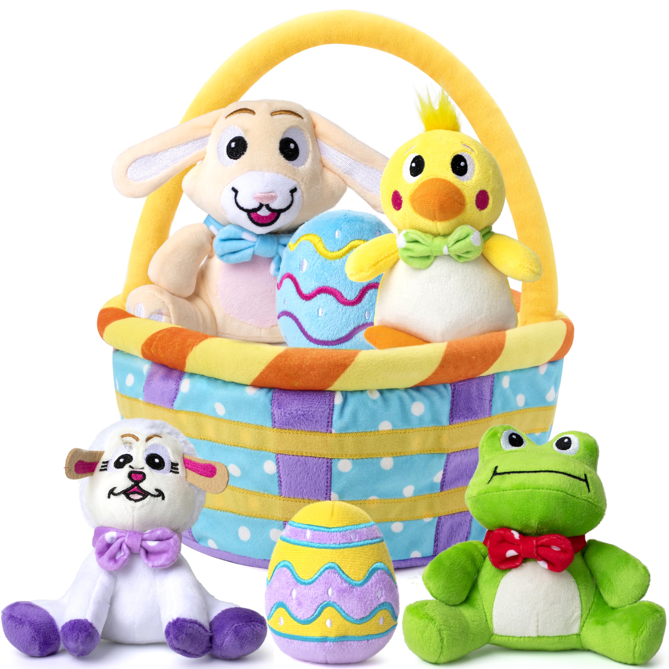 JOYIN 7 PCS Basket for Easter Stuffed Plush Playset for Baby Kids Party Favor, Easter Eggs Hunt, Basket Stuffers Fillers, Party Supplies Decorations