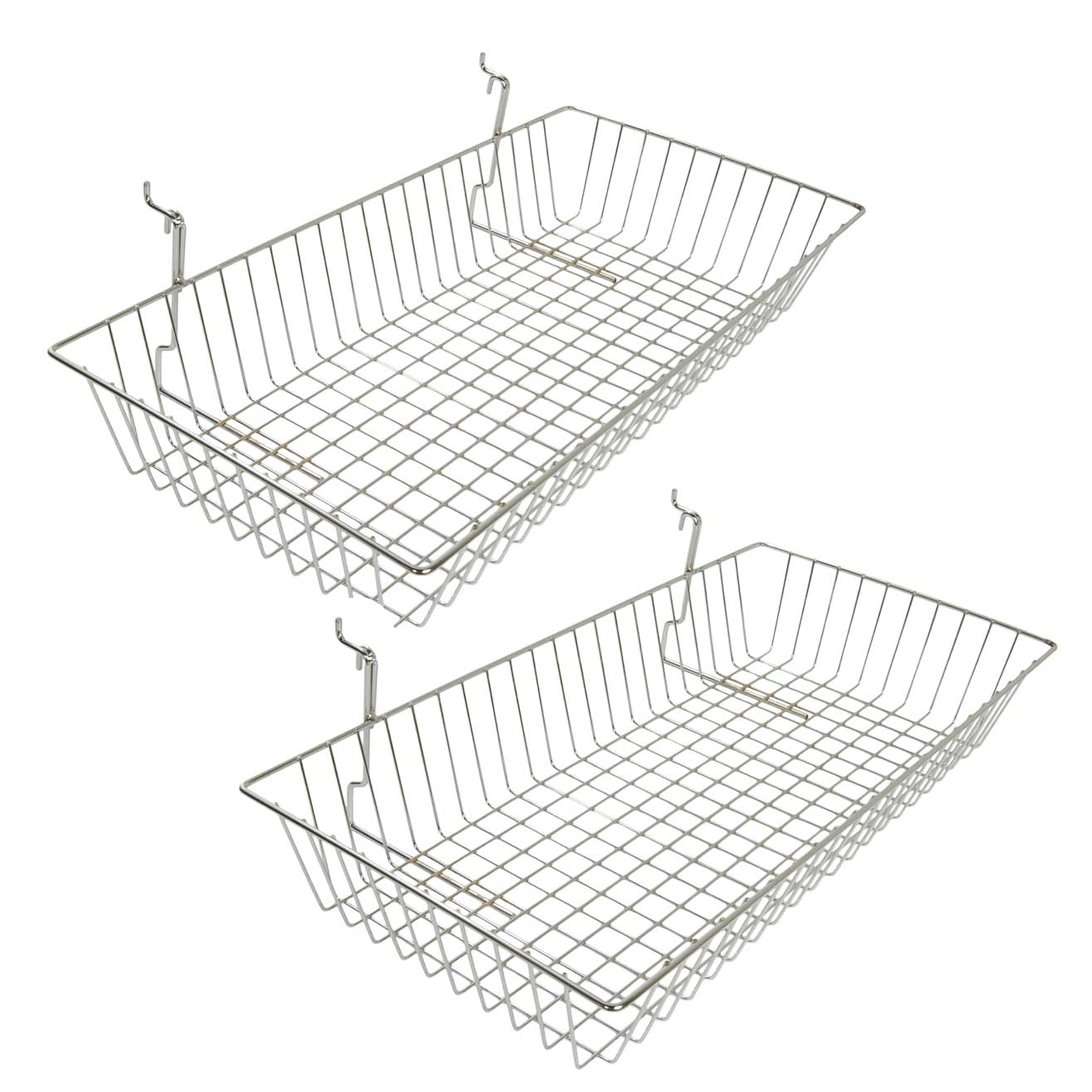 My Shopfittings PACK OF 2. Chrome Slatwall Shelves & Baskets - 60 x 30 x 10cm. Gridwall/Slatwall Shallow Multifit Basket – W600mm / 24″ Large 600mm wide chrome multi-fit basket.