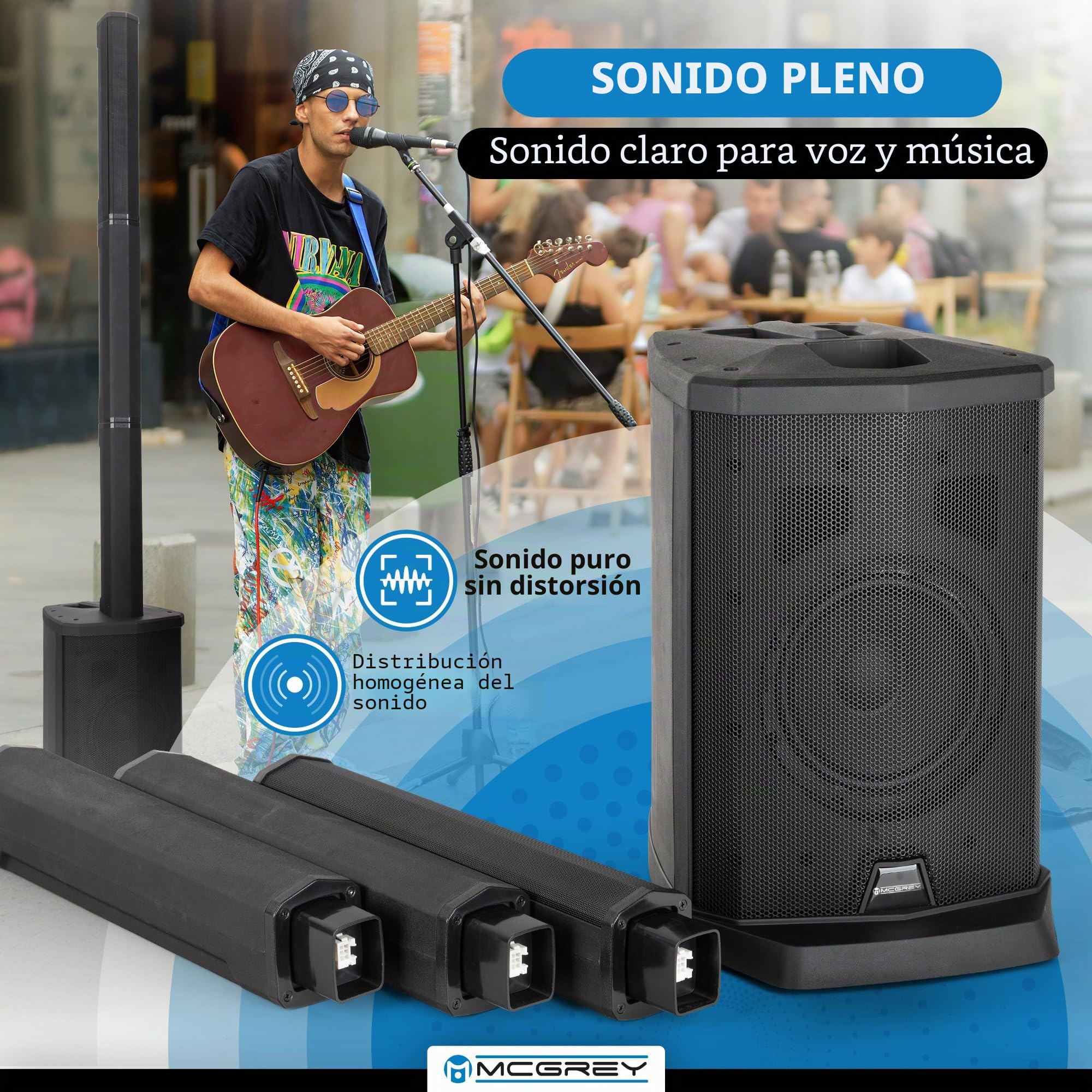 McGrey E-208LA Altavoces de Columna Activa Line Array - Slim Line Sistema PA - 100 vatios - Subwoofer de 8" - 4 Altavoces Full Range de 2,5" - Reproductor Multimedia USB/SD/Bluetooth - Negro