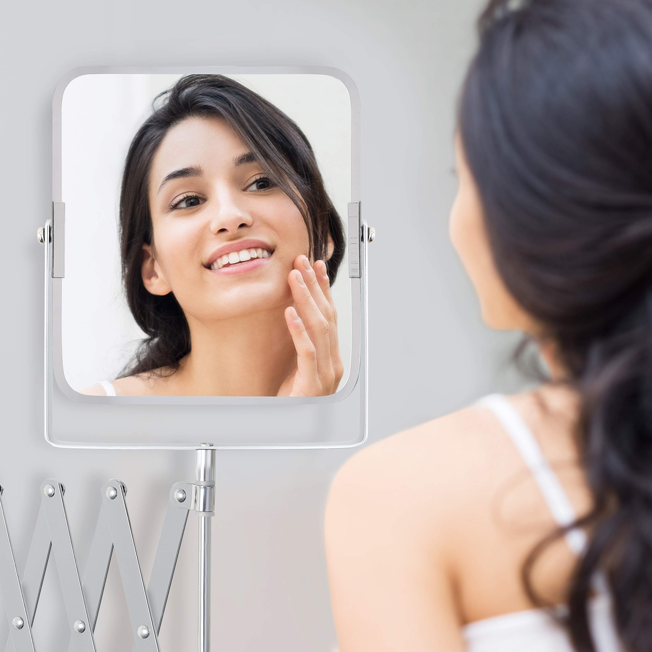BELLE VOUS Miroir Telescopique 360 ° Chrome - Miroir Grossissant Salle de Bain (3X) - 15,5 x 18,5 cm - Miroir Maquillage Mural Rotatif Double Face en Acier Inoxydable - Idéal pour Le Rasage