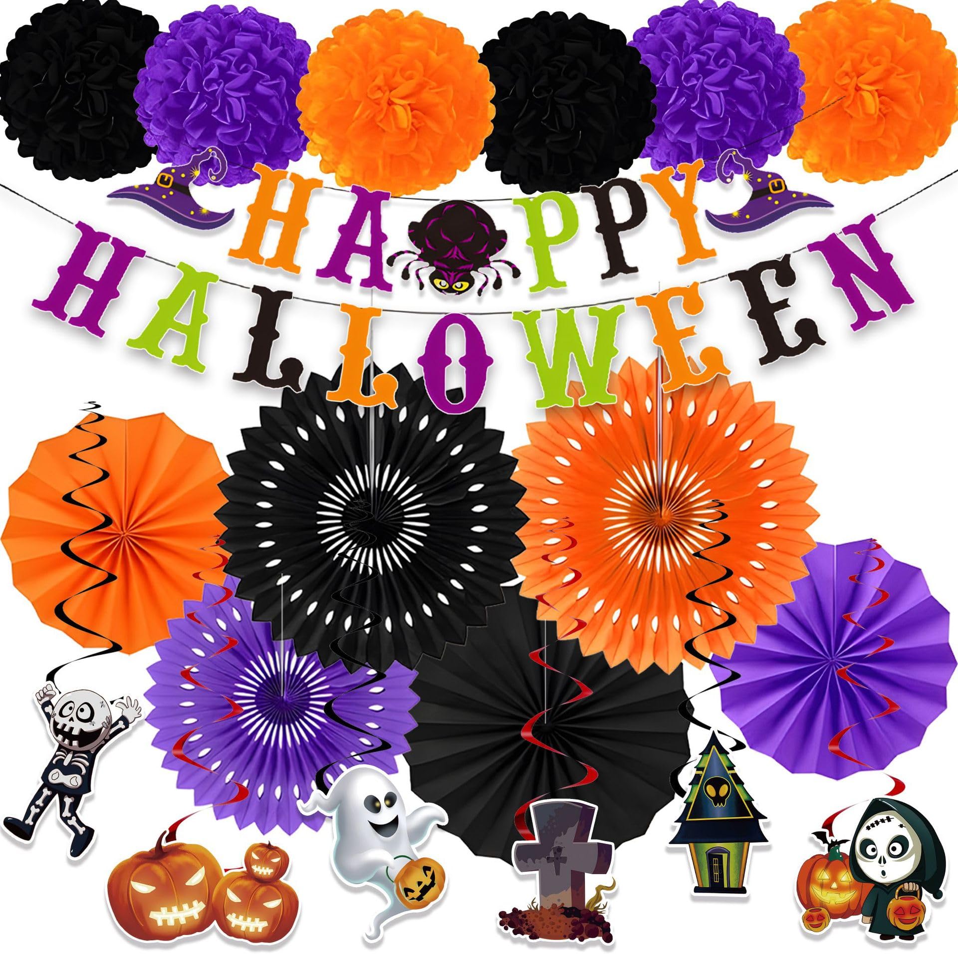 Halloween Party Decorations, Purple Black Orange Paper Fans Set, Halloween Pompom Banner Garland Fans Hanging Swirls for Trick or Treat Party Decor Accessories Indoor Outdoor Home Decorations — image 1