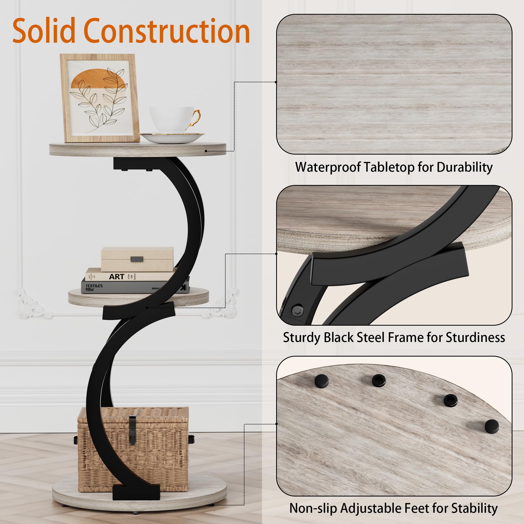 JUSTOGO Beistelltisch Rund, S-förmiges 3-stufiger Couchtisch, Kleiner Tisch Holz, Metall Nachttisch für Wohnzimmer, Schlafzimmer
