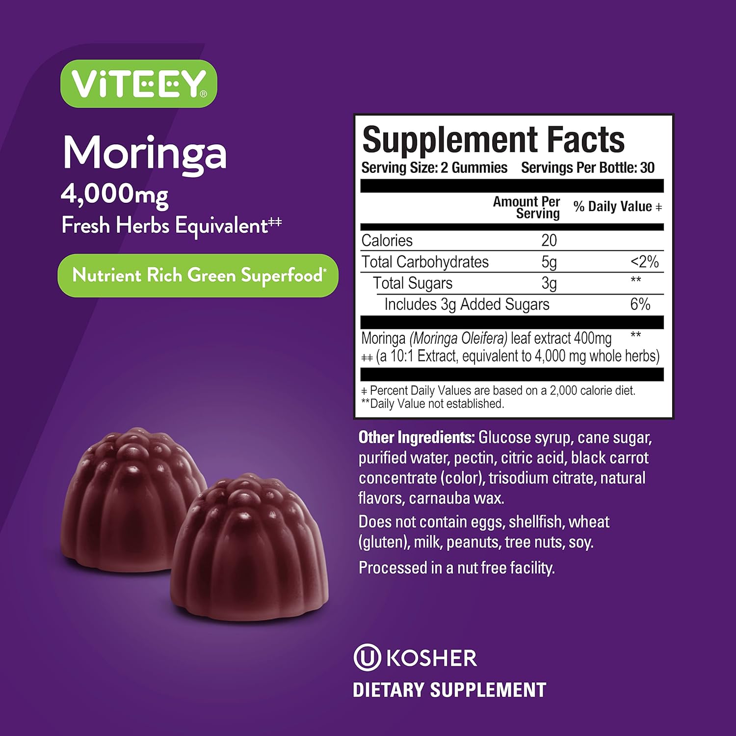 Viteey Moringa Gummies - 4,000mg [from 400mg of 10:1 Extract] of Moringa Supplement Super Greens Gummies - Antioxidant Wellness and Digestive Support - Vegan, Gluten Free - 120 Count