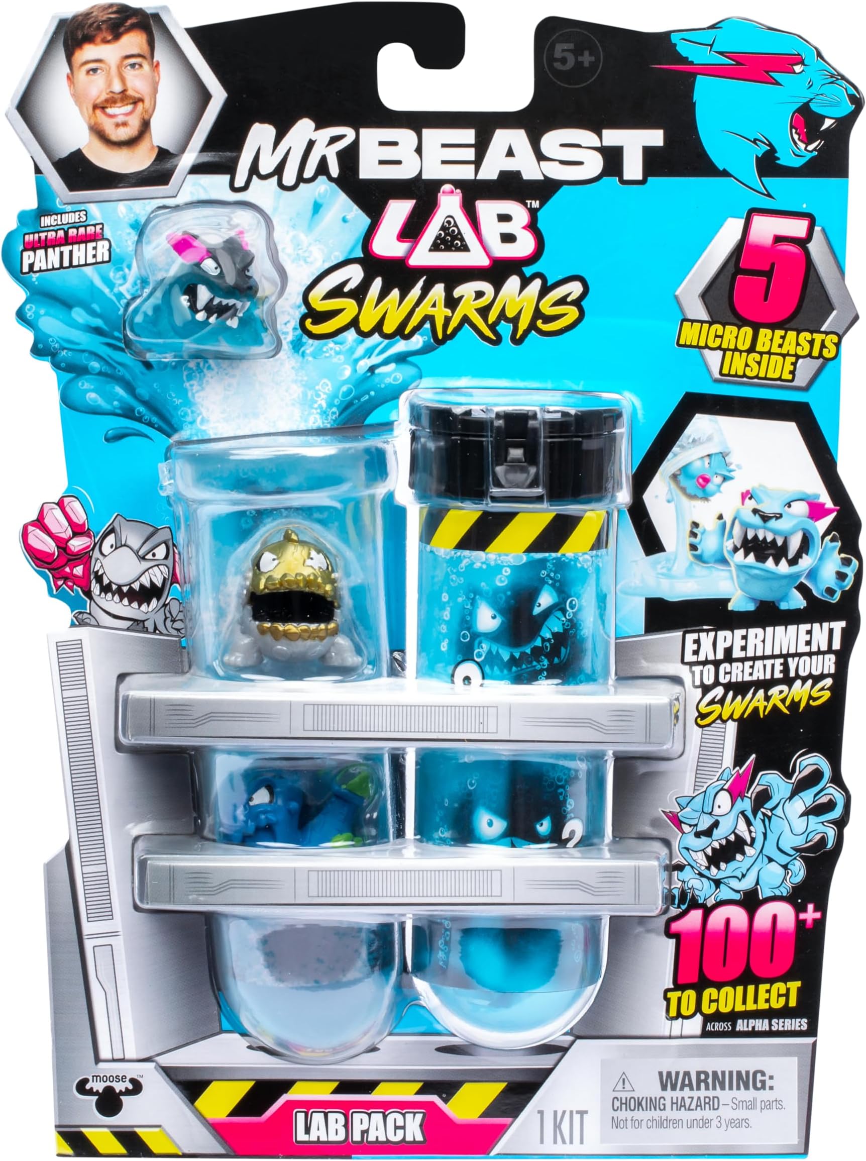 MrBeast Lab Swarms Lab Pack, Experiment by Adding Water, Shaking Test Tube & Revealing 5 PK of 1" MrBeast Collectible Characters, 100+ to Collect, Look Out for The Limited Edition Hyperchrome Panther