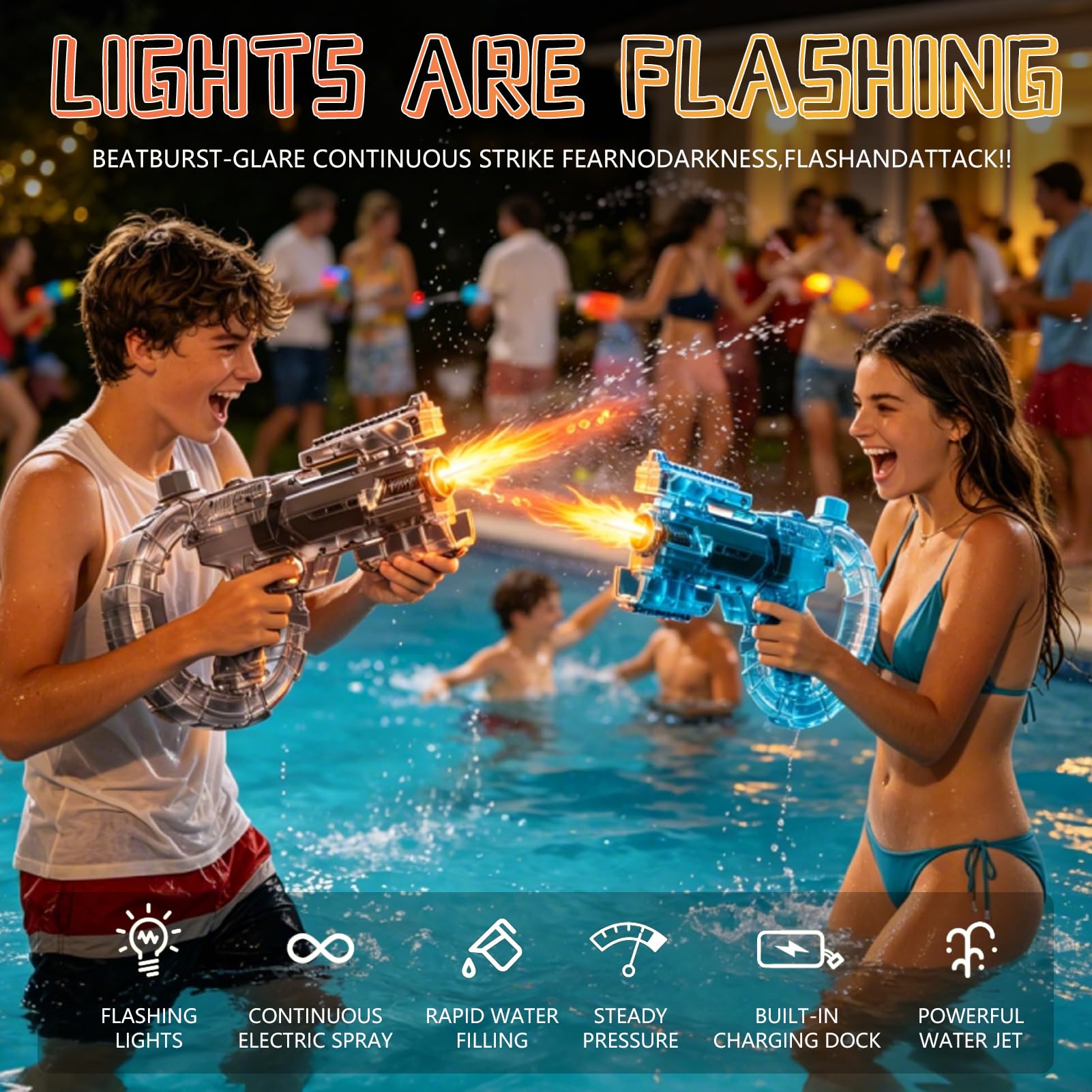 Pistola ad acqua elettrica con luci LED, pistola ad acqua automatica, grande capacità 320 ml, pistola ad acqua con portata fino a 8-9 m, pistola a spruzzo giocattolo per piscina, adulti, ragazzi e