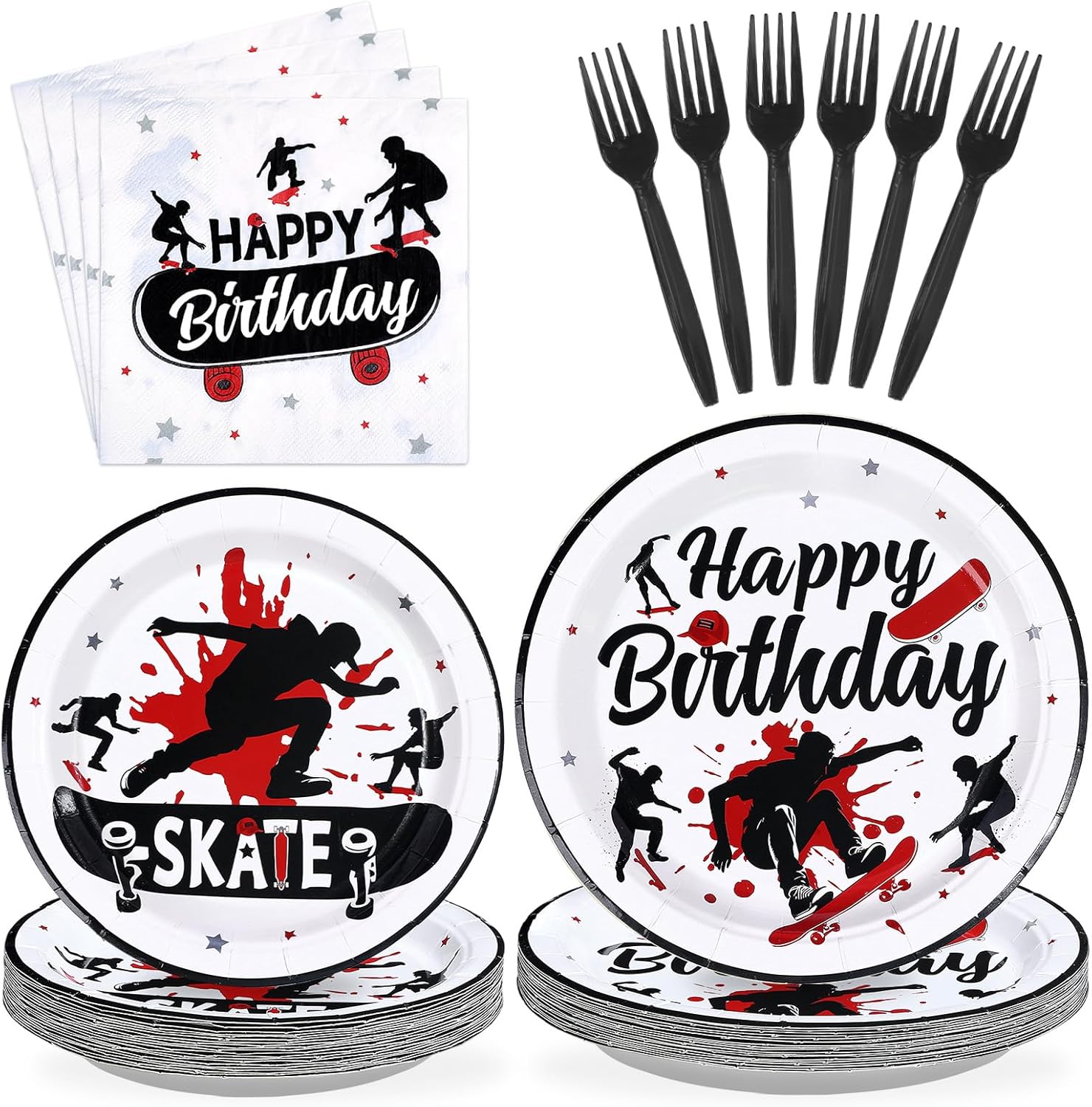 96 Pcs Skateboard Birthday Party Supplies Skate Plates and Napkins Disposable Skateboard Sports Theme Tableware Set for Skater Birthday Baby Shower Party Decorations Serves 24