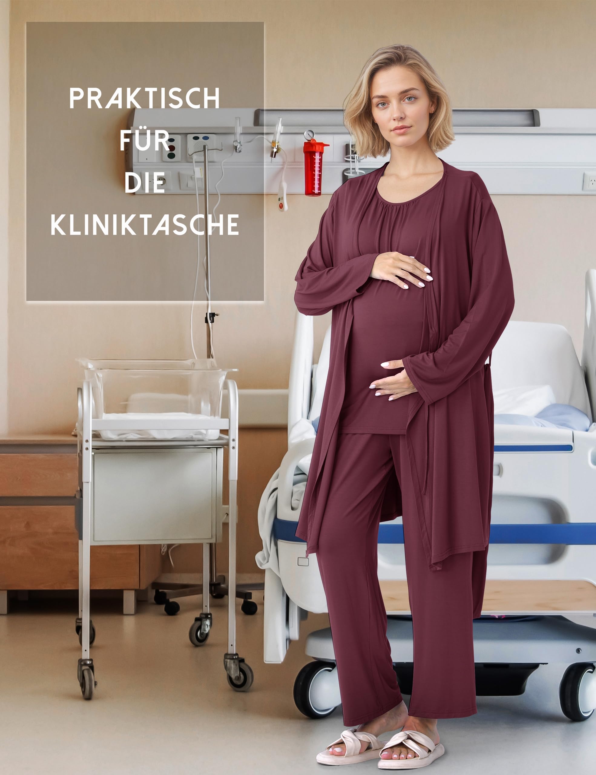 SUNNYBUY Stillpyjama Set Damen 3-teilig Umstands- und Still-Schlafanzug mit Top, Hose und Morgenmantel ideal für Schwangerschaft, Wochenbett und Klinik