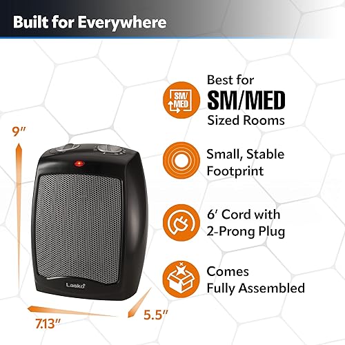 Miniatura 5 de Lasko CD09250 Termostato ajustable de cerámica para mesa o debajo del escritorio, 9 pulgadas de alto, negro