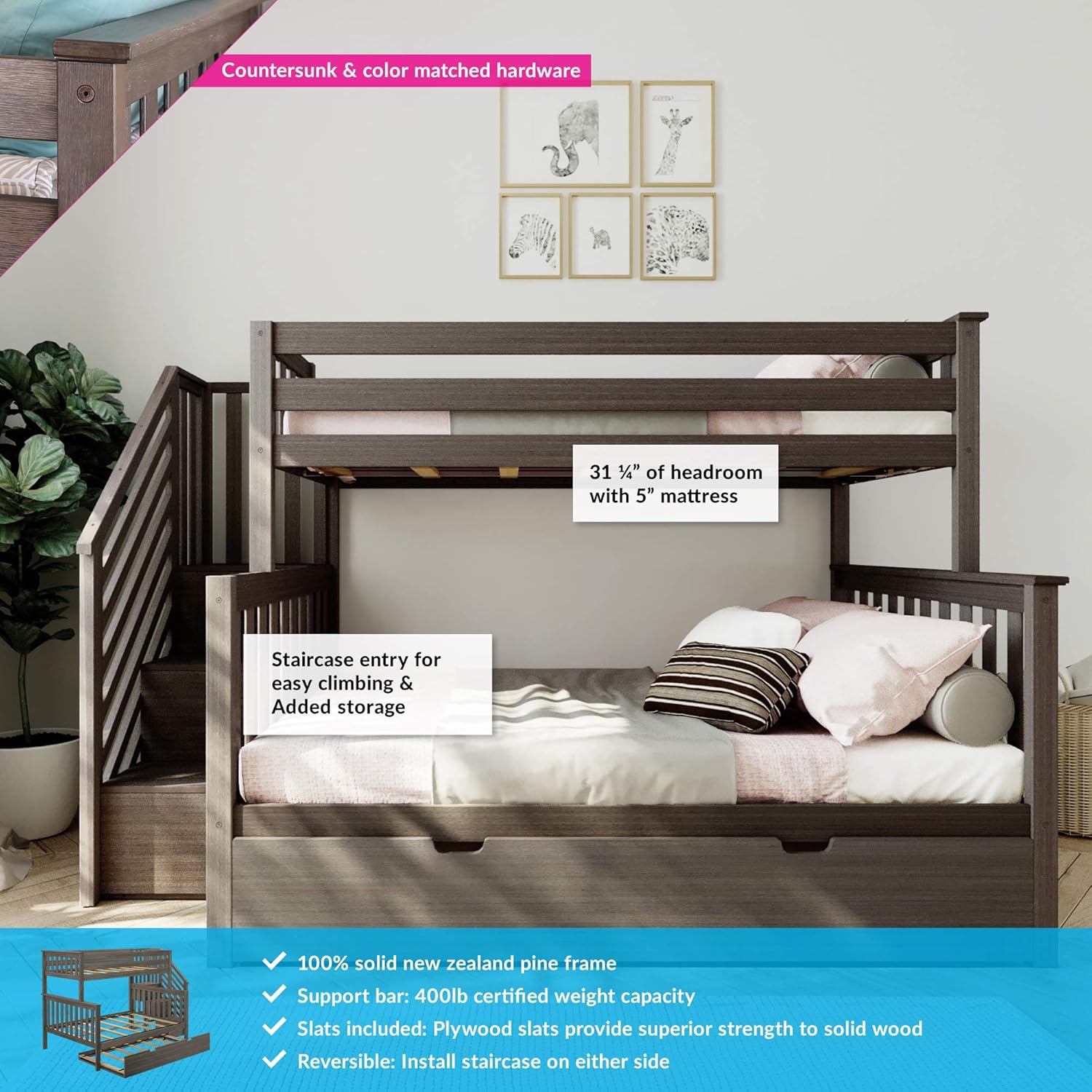 Max & Lily Bunk Bed, Twin-Over-Full Bed Frame For Kids With Stairs and Trundle, Clay