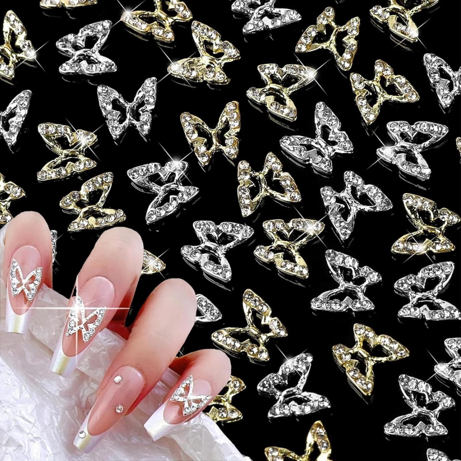 40Pcs Metal 3D Butterfly Nail Charms Crystals Diamonds Rhinestones Alloy Gold Silver Nail Art Jewelry Decorations Butterflies Shape Gemstone Design
