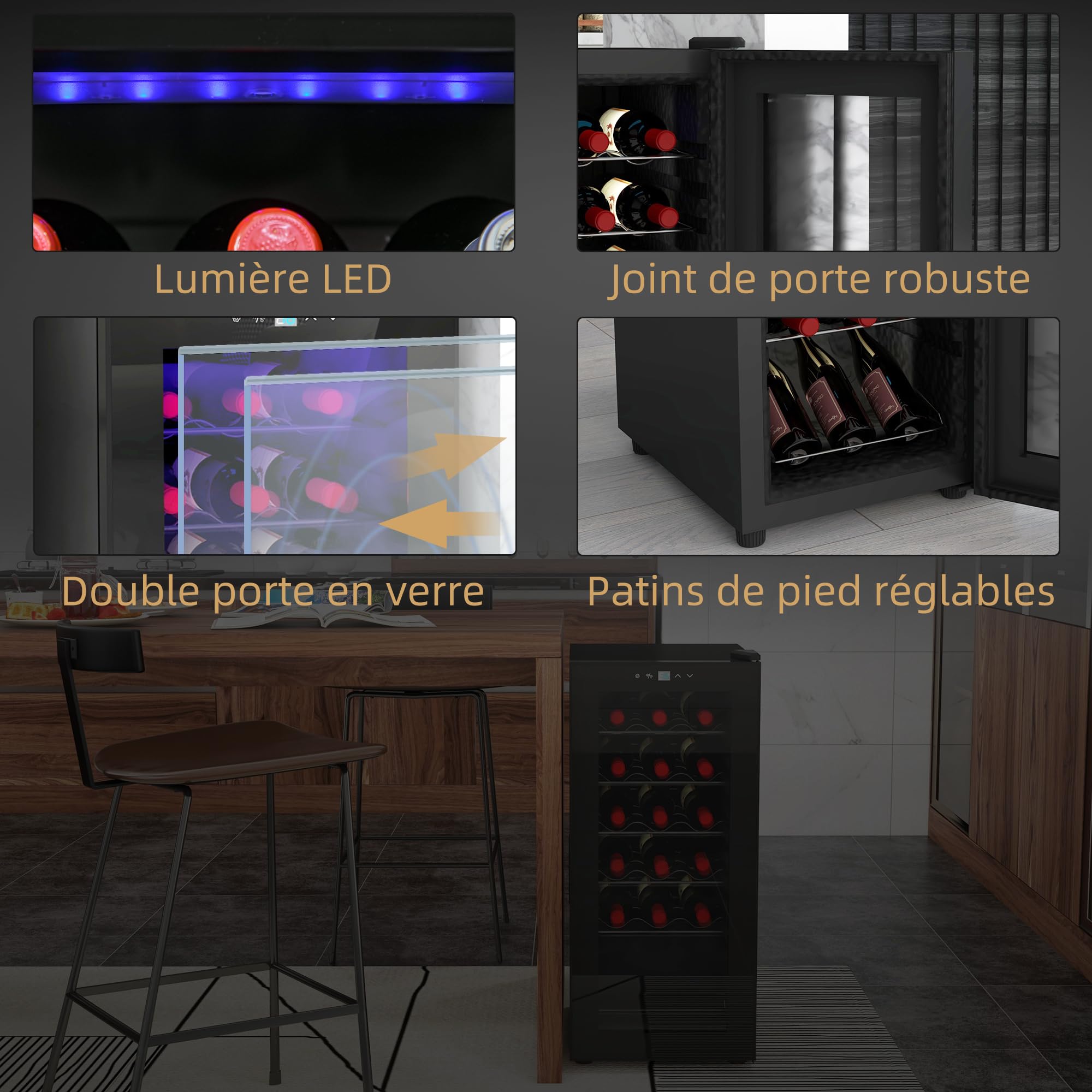 HOMCOM Cave à Vin 18 Bouteilles 50L, Réfrigérateur à Vin Silencieux, Porte en Verre, Étagères Réglables, Éclairage LED, Écran Tactile, Contrôle Température 5-18°C, Noir