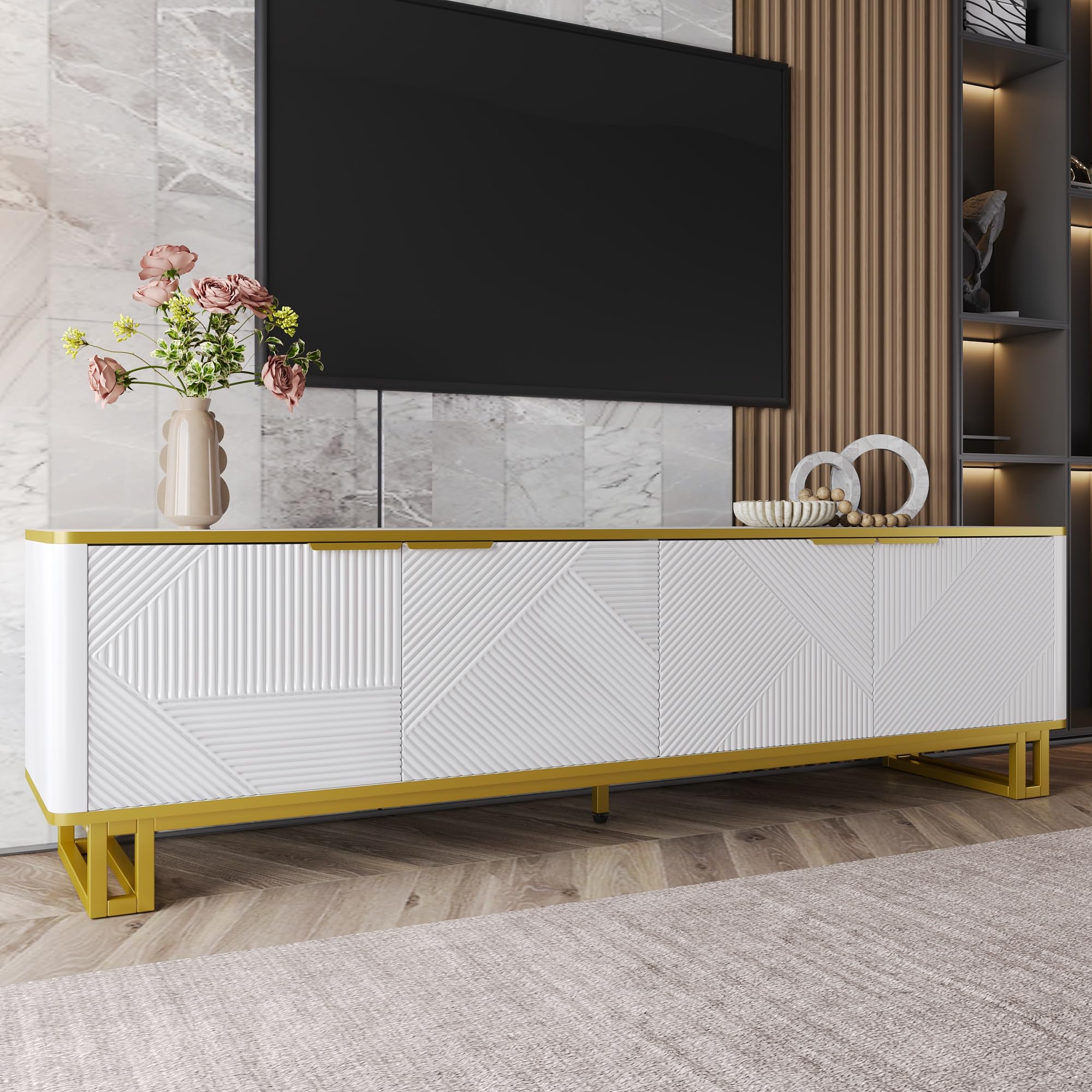 Szafka TV z czterema drzwiami, stojak pod telewizor, panel TV, niski stojak pod telewizor. Unikalny design, geometryczna tekstura. 160 x 37,5 x 48 cm (dł. x szer. x wys.)