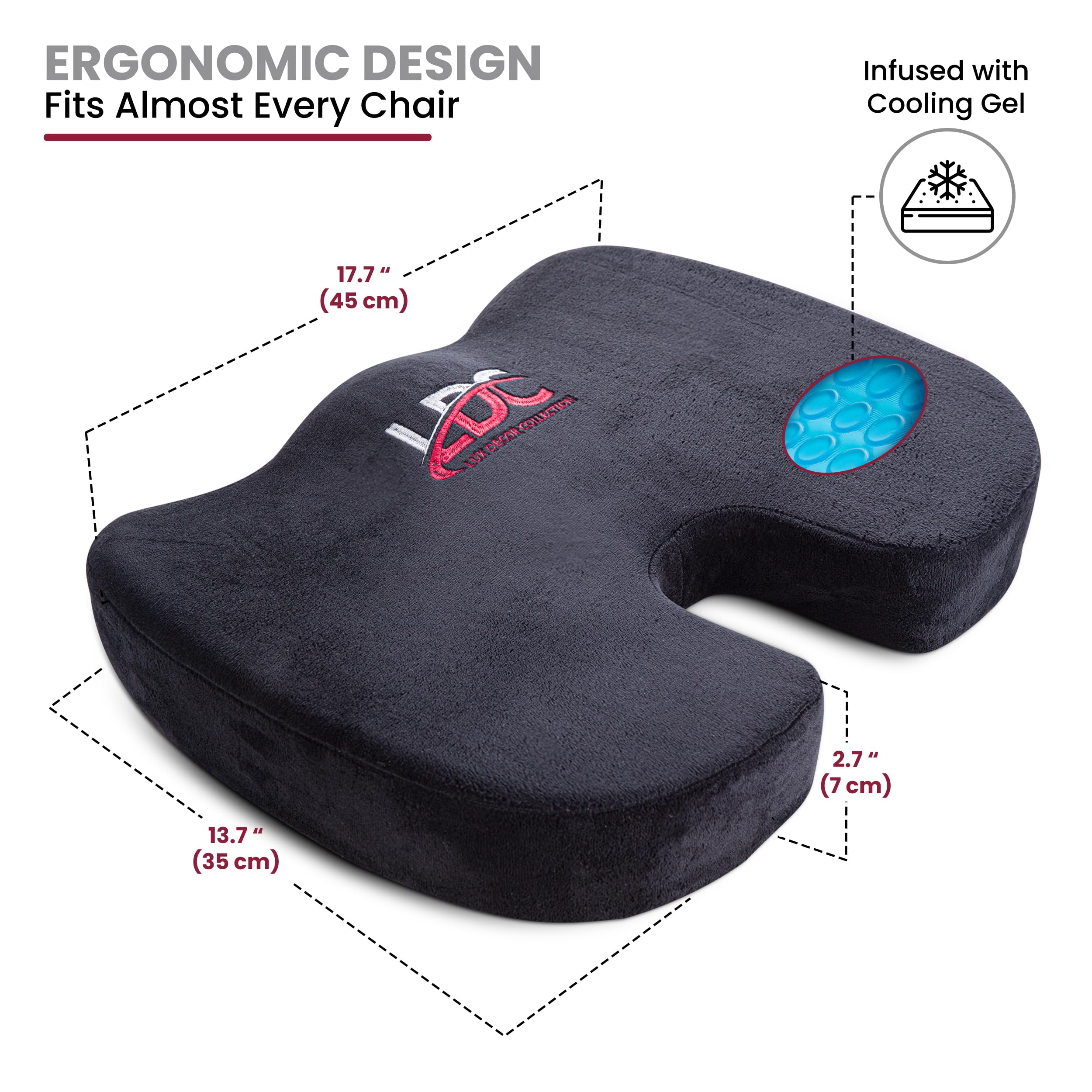LUX Decor Collection Cojín para silla de oficina, para alivio de la presión del dolor de coxis, espalda y ciática, cojín de asiento de coche para conducir, juegos, gel de alta calidad + balancín listo