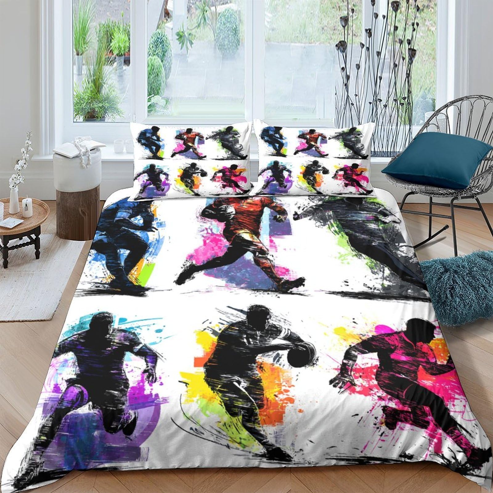 3D Breathable Microfibre Rugby player action Quilt Cover Sets Soft Bedding Set with Pillowcases Dynamic sports Bedding Quilt Cover All Season Machine Washable for Men Women Kids Single（135x200cm）