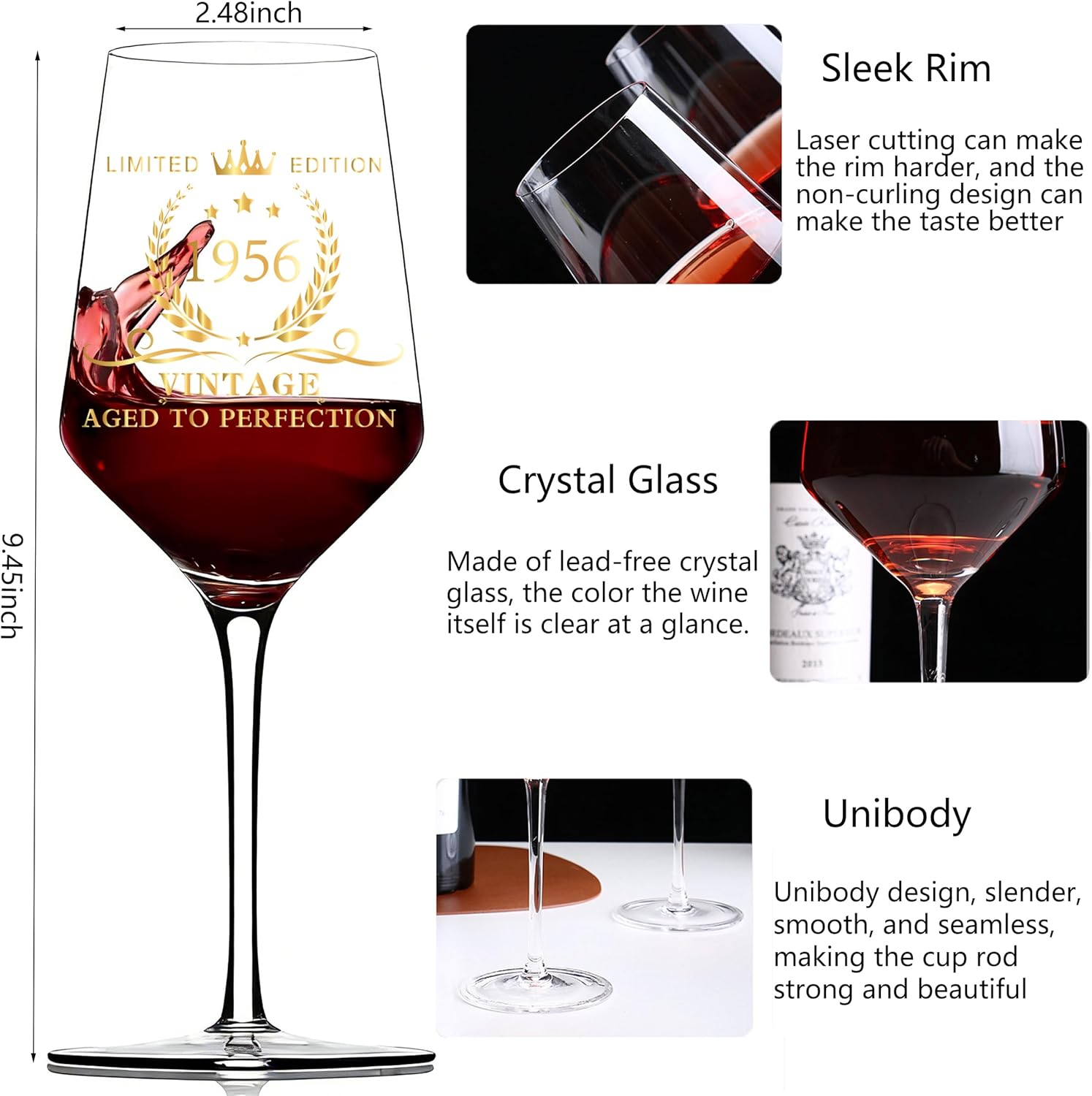 70th Birthday Wine Glasses Gifts for Women, Cool Personalized Gold Print '1956' Red Wine Glass Set, Pink Gift Package with Goblet and Card for 70 Years Old Woman - Image 3