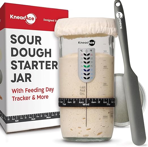 Sourdough Starter Jar With Date Marked Feeding Band, Thermometer, Sourdough Jar Scraper, Sourdough Container Sewn Cloth Cover & Metal Lid, Sourdough Starter Kit
