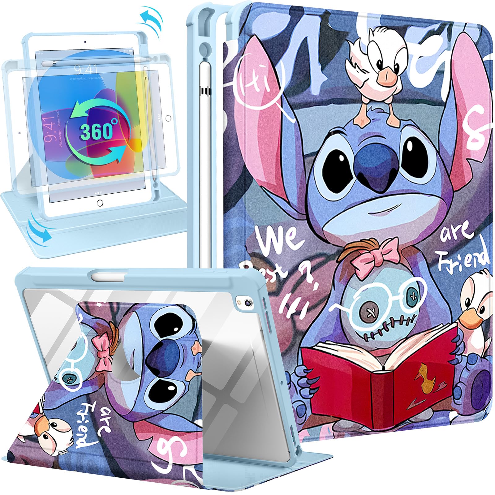 Besoar for iPad 9th/8th/7th Generation 10.2 inch Case Cute Cartoon Kawaii for Girls Kids Girly Women Design Covers,360 Degree Rotating Folio Stand Pencil Holder for Apple i Pad 9/8/7 Gen,Reading-Stit