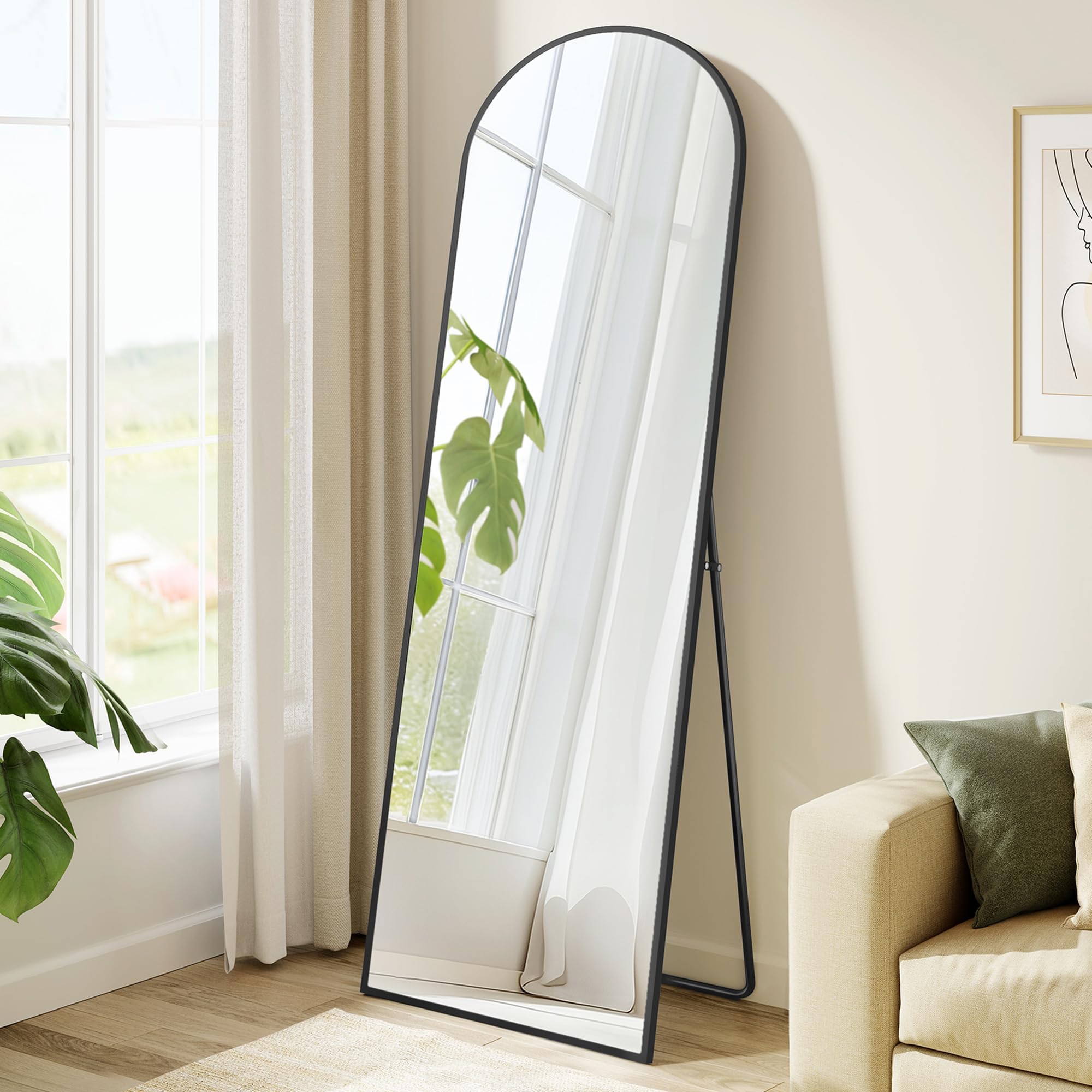 Full Length Mirror, 63 x 20 Inches, Arched Full Body Floor Mirror with Stand, Aluminum Alloy Frame, Tempered Glass, for Bedroom, Living Room, Cloakroom, Ink Black ULFM031B01