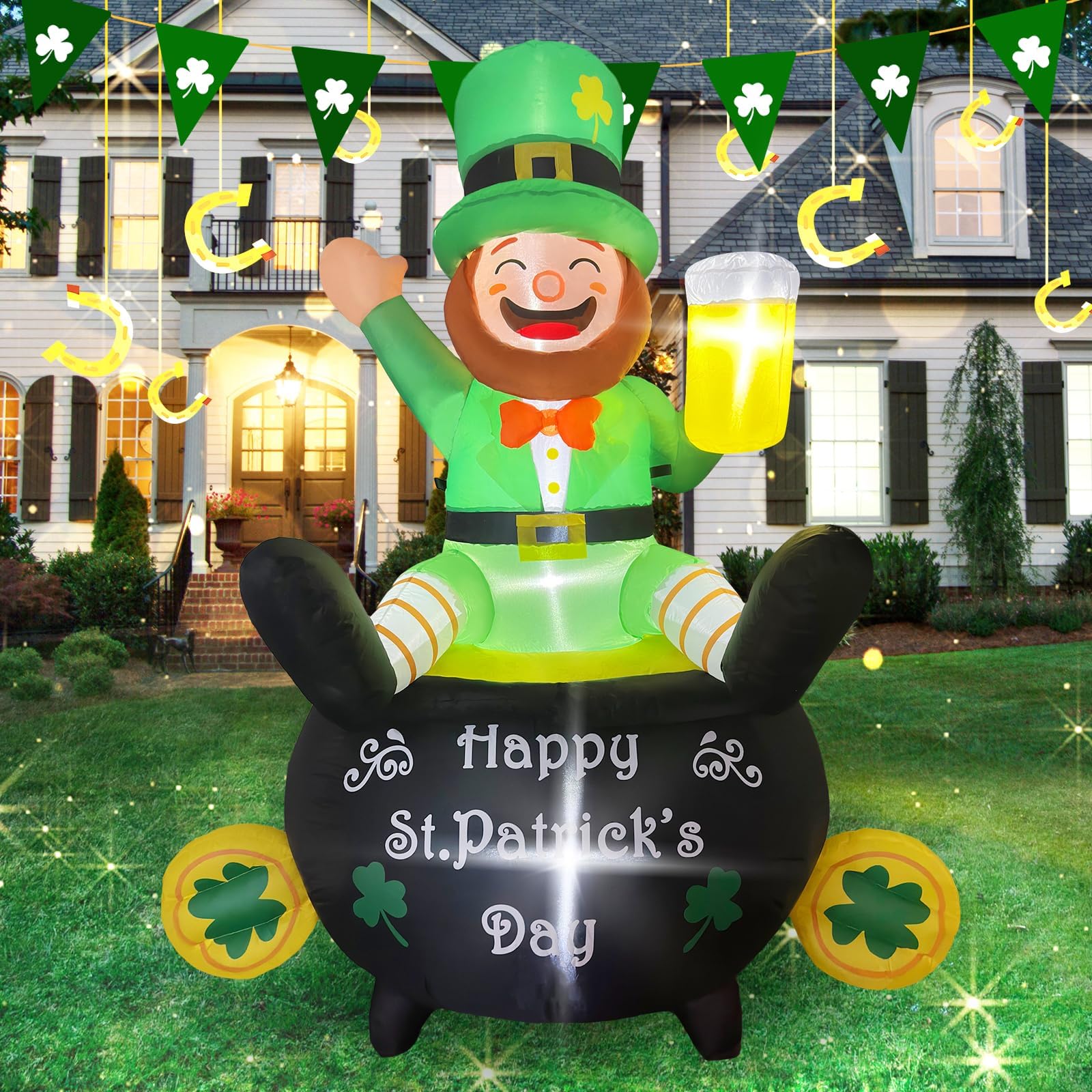 Kofero St. Patrick's Day Inflatable Outdoor Yard Decorations 6FT Giant Blow up Decorations Leprechaun Lucky Shamrocks Hat LED Lights for Indoor