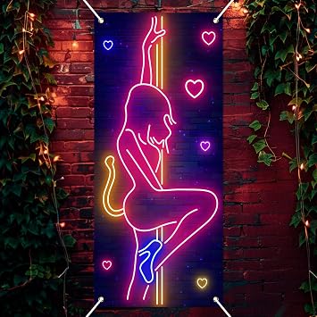 Neon Pole Dance Banner Backdrop Hot Show Hot Sexy Girl Cat Girl Dancing Theme Door Decor for Girls Bachelorette Bridal Shower Birthday Party Favors Decorations Supplies 35.4x72.8in-BECKTEN