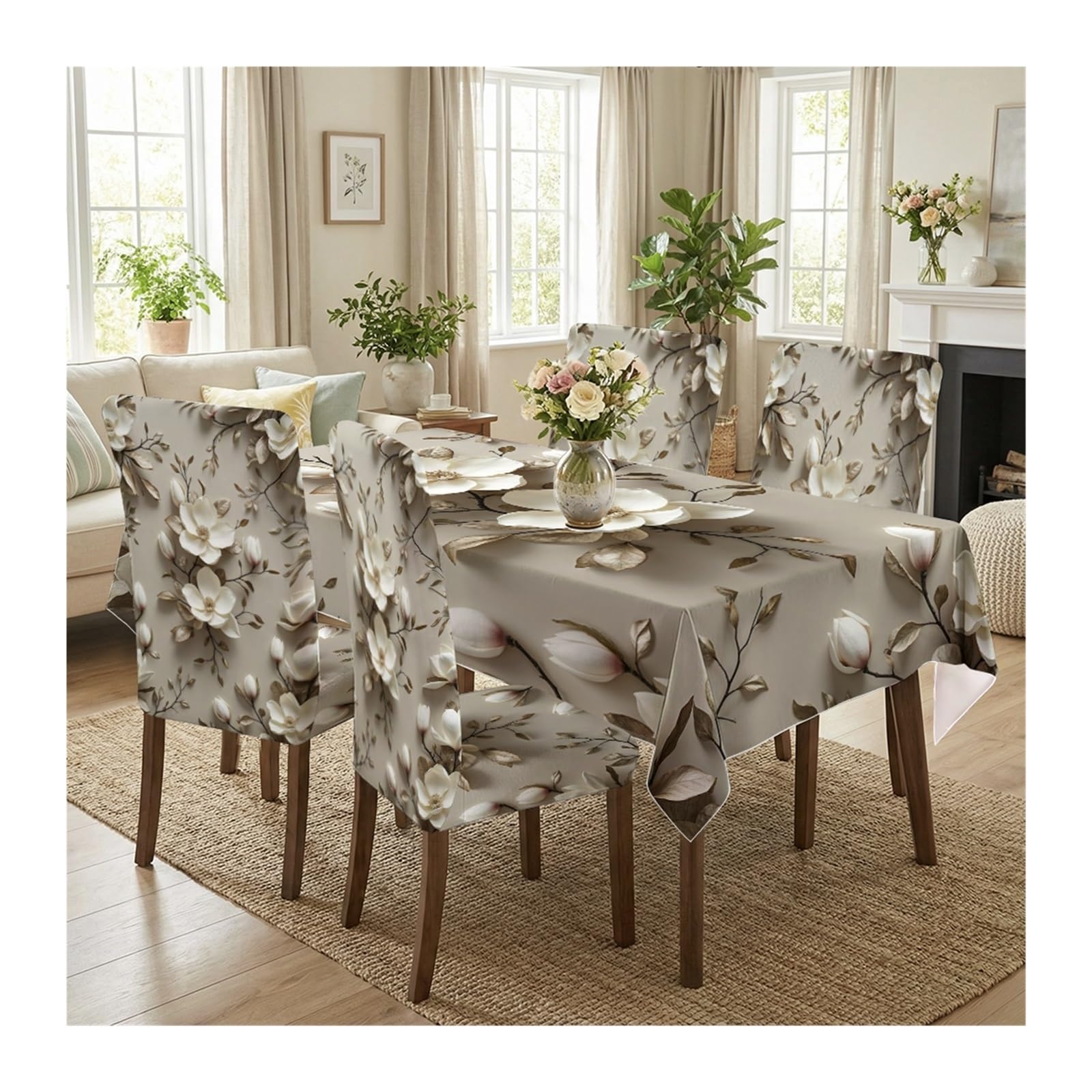 BOSUYBN Beige Base White Magnolia Floral Print Dining Tablecloth & Chair Covers Set, 5/7 Piece Neutral Elegant Vintage Dining Decor Table Setting(5pcs Set: Tablecloth+Chair Covers)