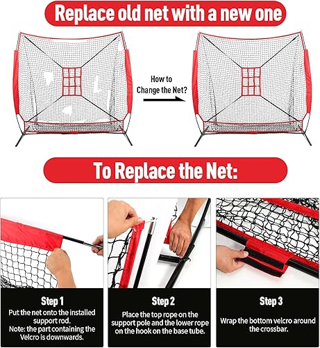 Miniatura 5 de Red de repuesto de red de béisbol de 7 x 7 pies, solo red y marco no incluido, red de bateo con sistema de recolección de bolas grandes, objetivo de