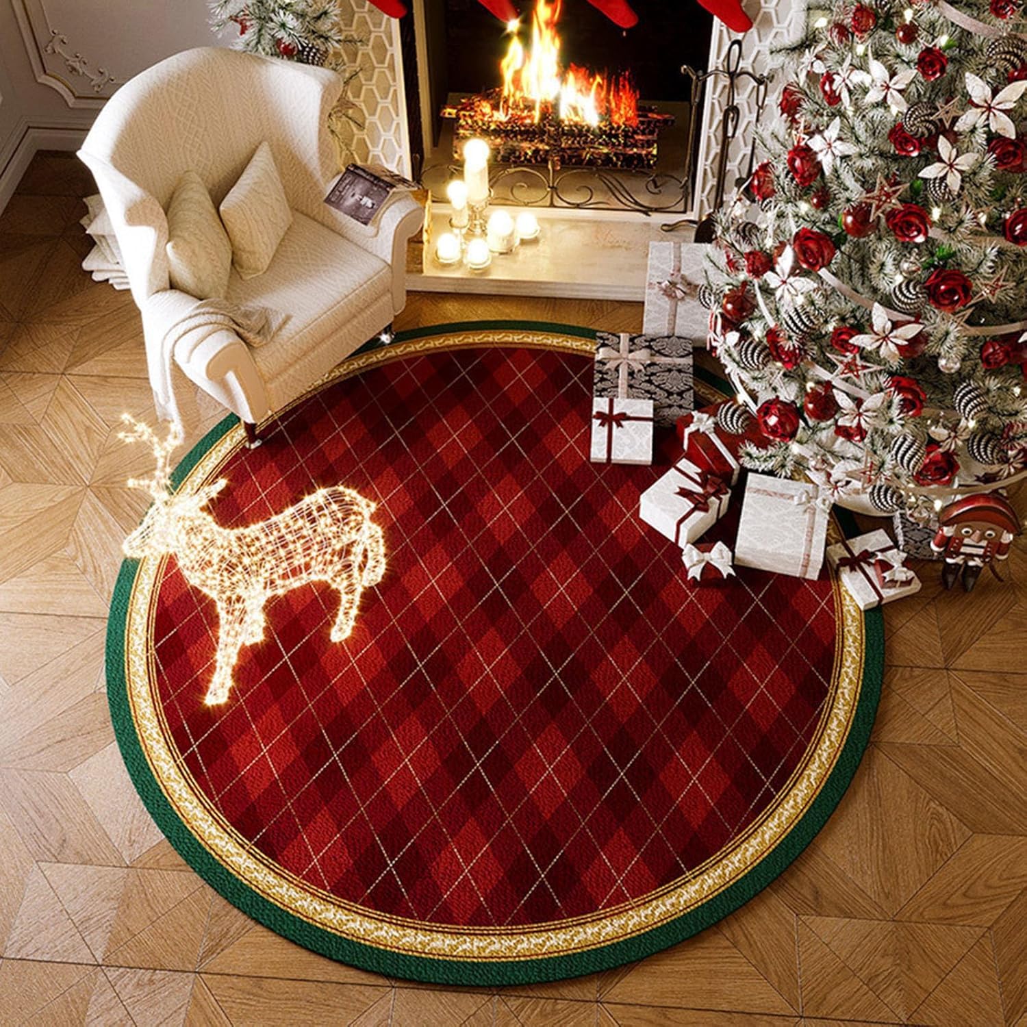 Tapis de protection rond de Noël pour décorer le salon et protéger le parquet